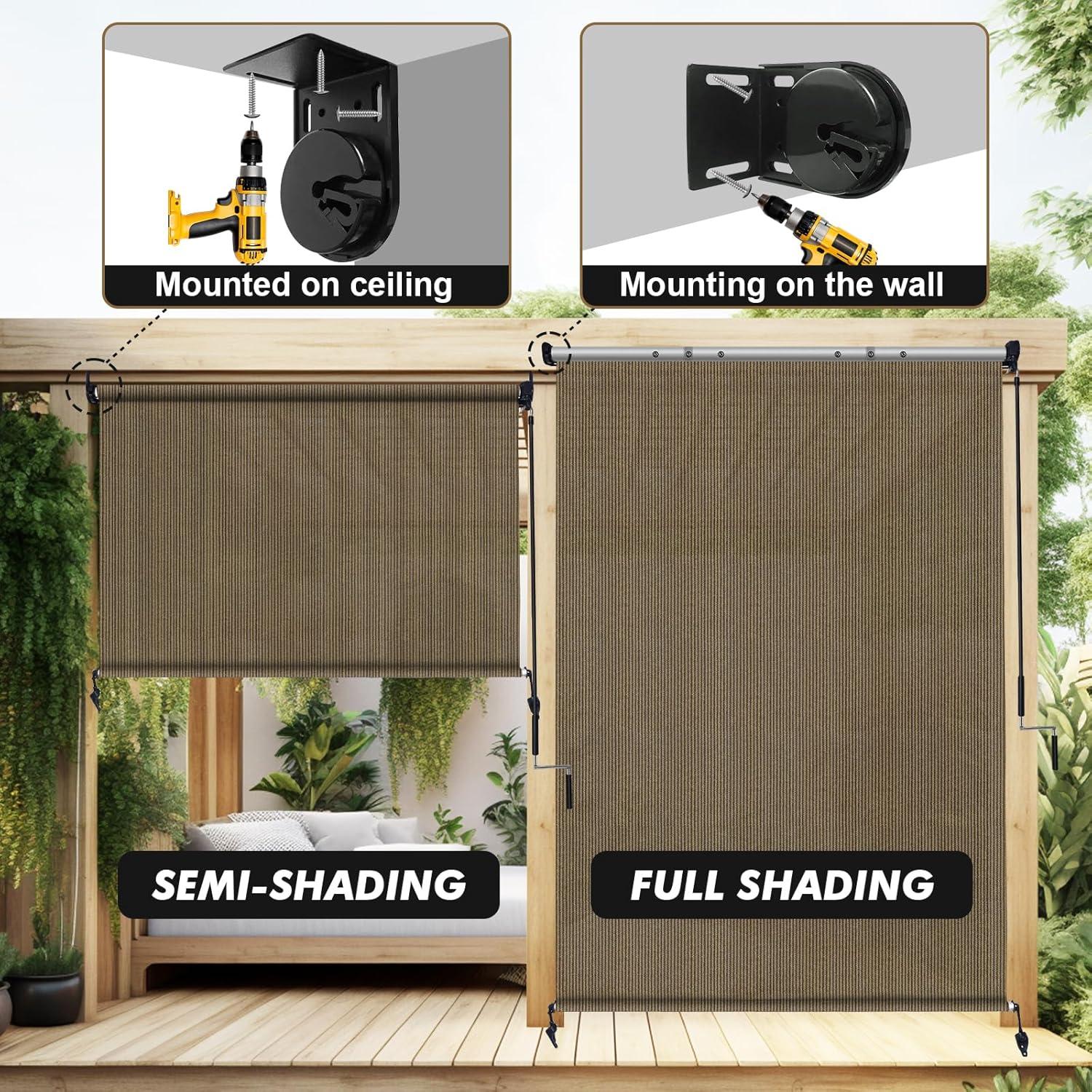 SMONTER Outdoor Sunshade Roller Shade 6'W x 6'H (72" Wx72 H), Exterior Cordless Roll Up Shades Blinds, UV Protection Shade Cloth with Crank Operation for Outside Windows Patio Porch Gazebo, Walnut