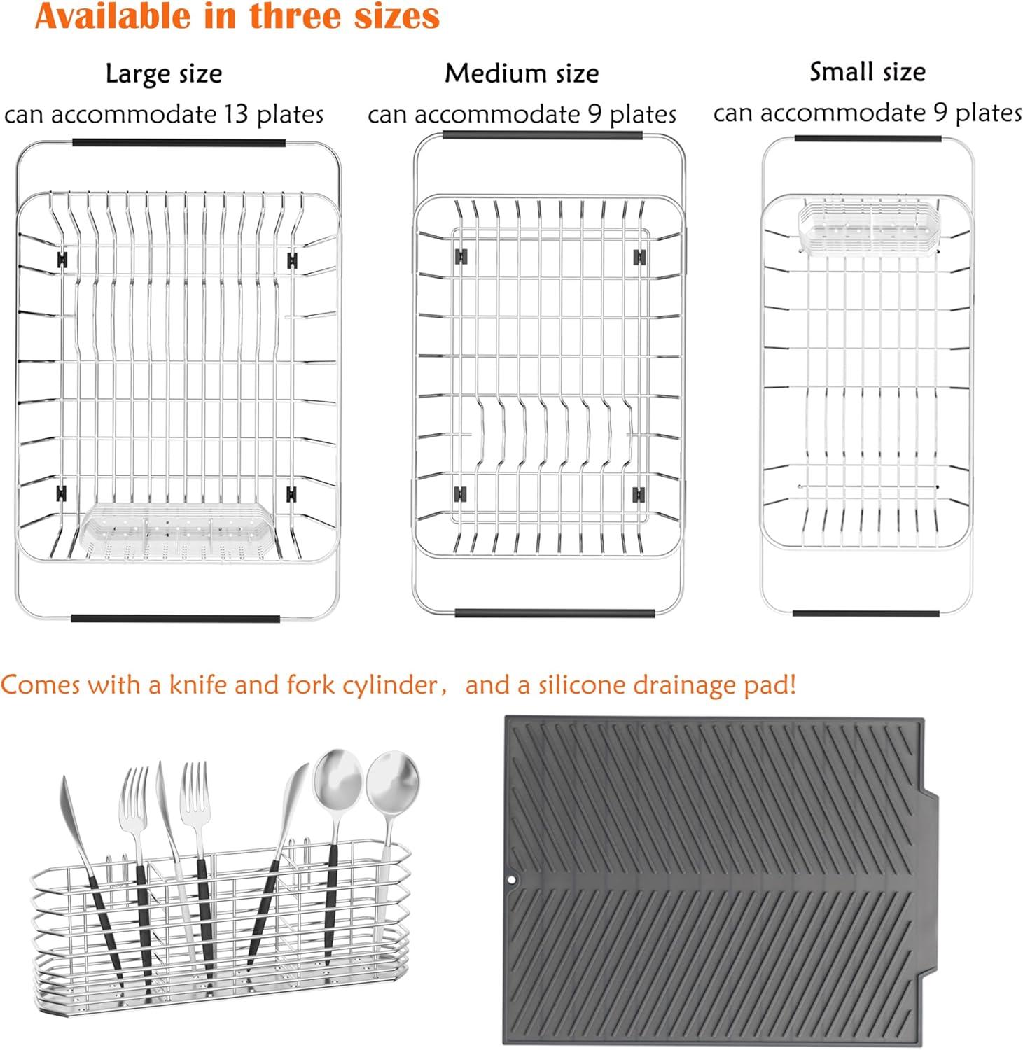 Over The Sink Dish Drying Rack with Utensil Holder and Silicone Drainage pad (Small + 16" Silicone pad)