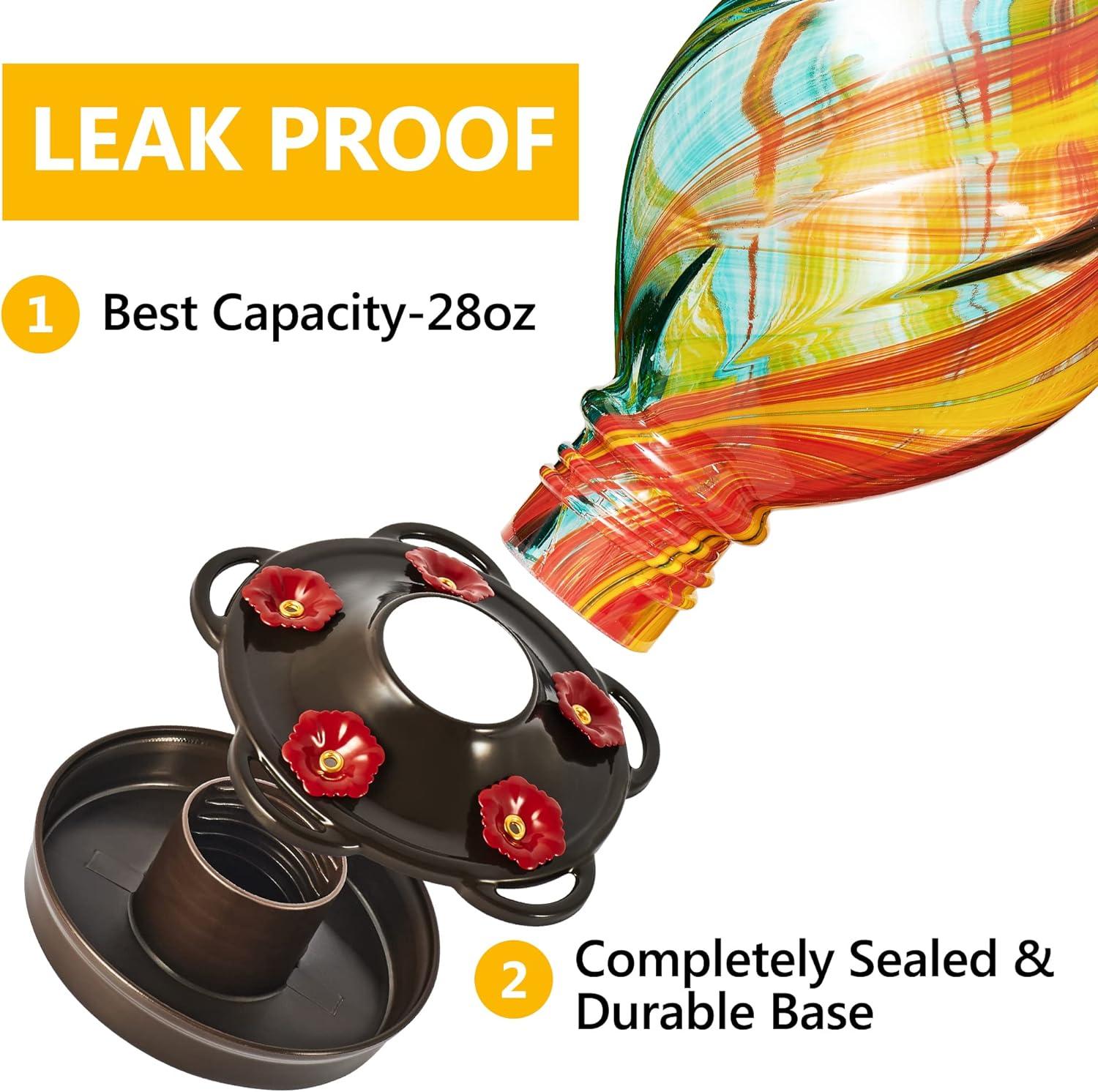 LUJII Spiral Shaped Hand Blown Glass Hummingbird Feeder with Ant Moat for Outdoors Hanging, 28 fl.oz, Leak Proof & Rustproof (Ribbon)