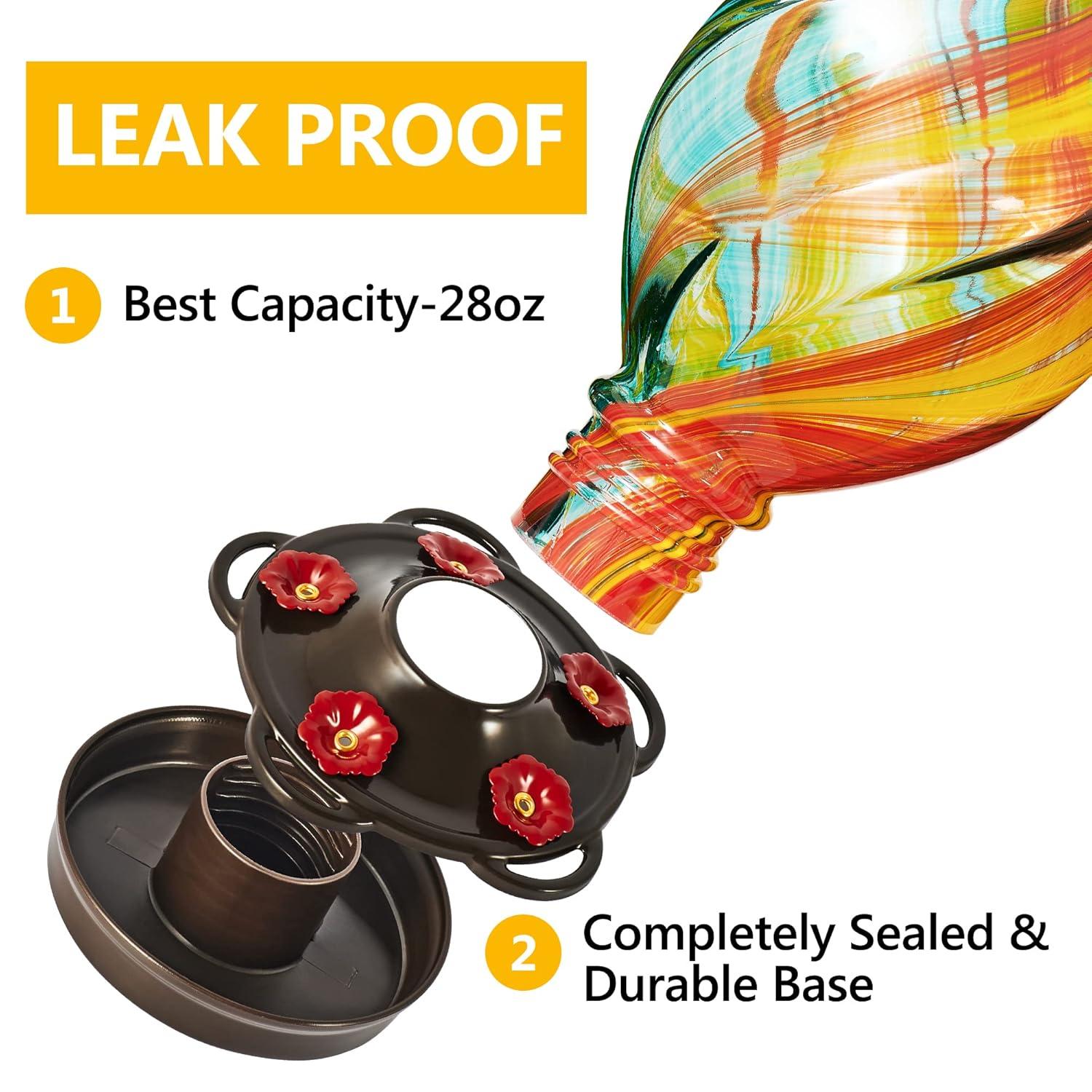 LUJII Spiral Shaped Hand Blown Glass Hummingbird Feeder with Ant Moat for Outdoors Hanging, 28 fl.oz, Leak Proof & Rustproof (Ribbon)