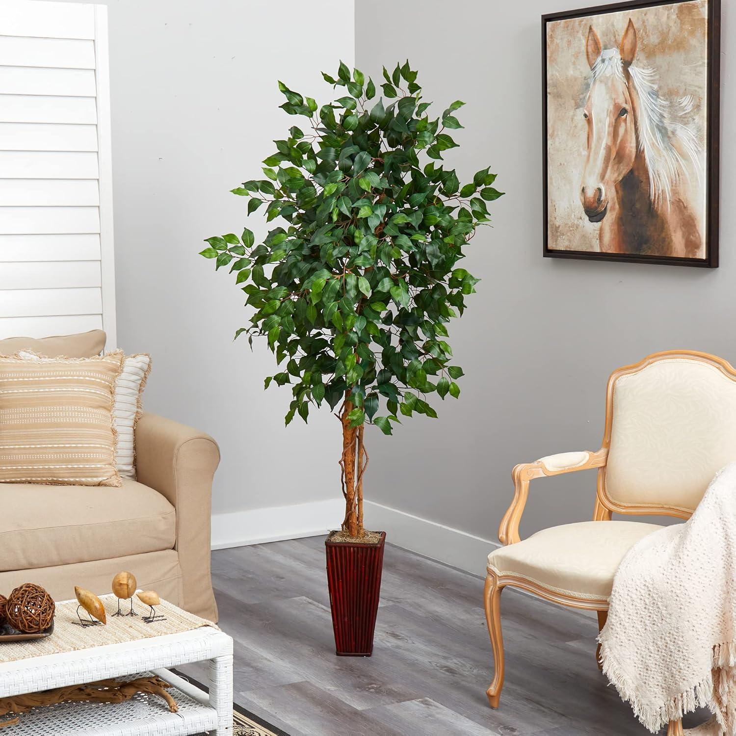 Lush 6' Ficus Floor Plant in Elegant Bamboo Planter