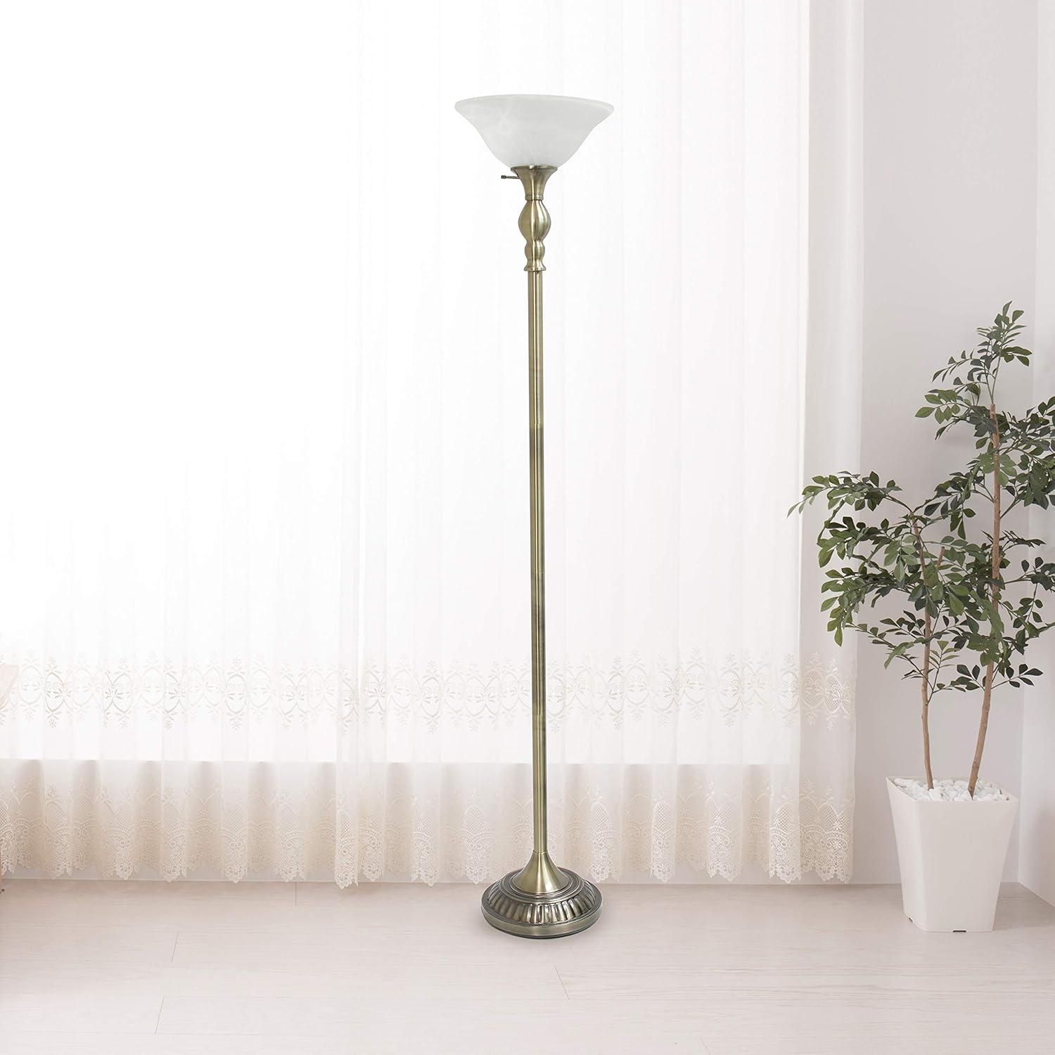 Antique Brass Elegance Torchiere Floor Lamp with Marbleized White Shade