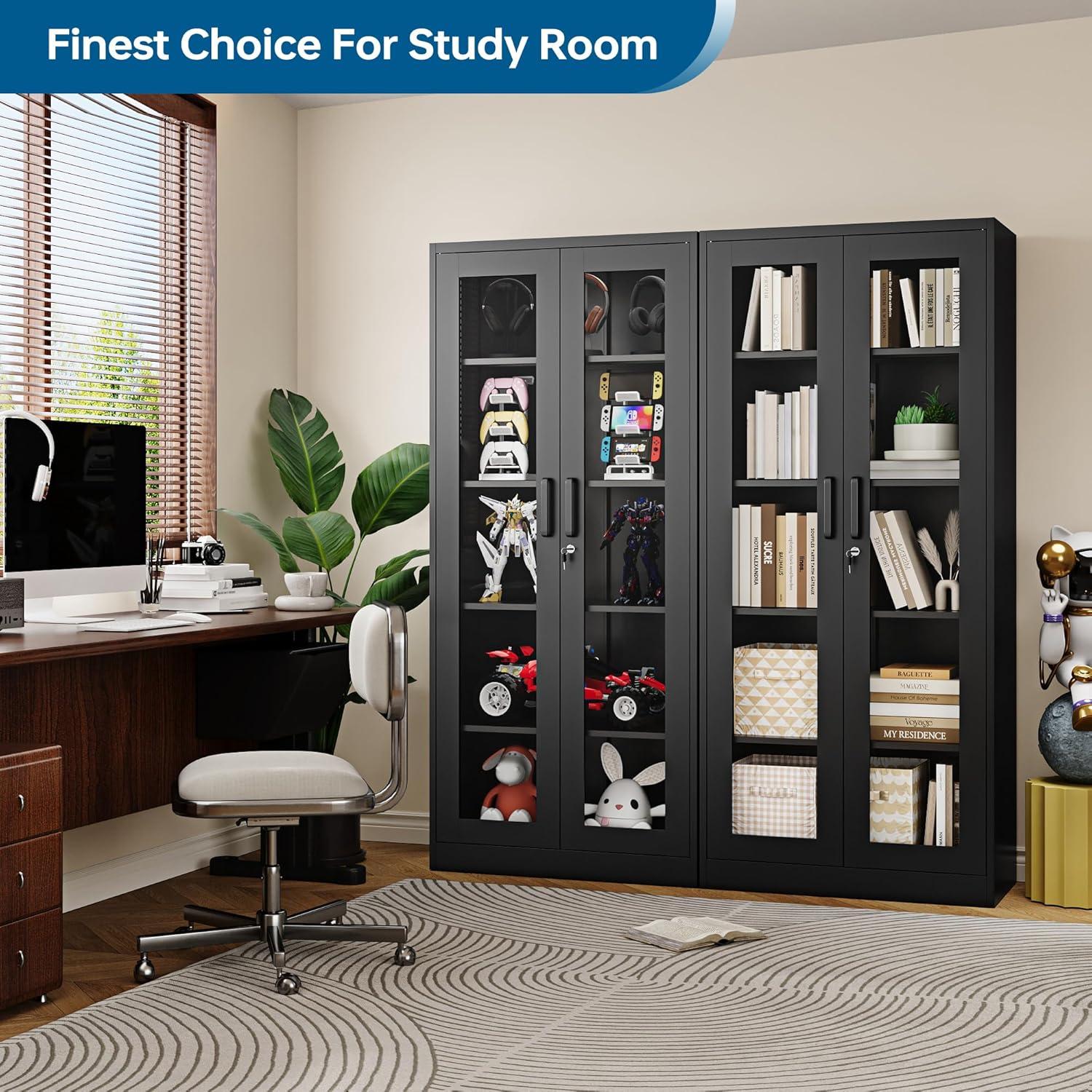 Display Cabinet With Glass Doors, Curio Cabinets With 4 Adjustable Shelves, Locking Glass Cabinet Display Case For Home, Office, Clinic, Pantry, Assemble Required