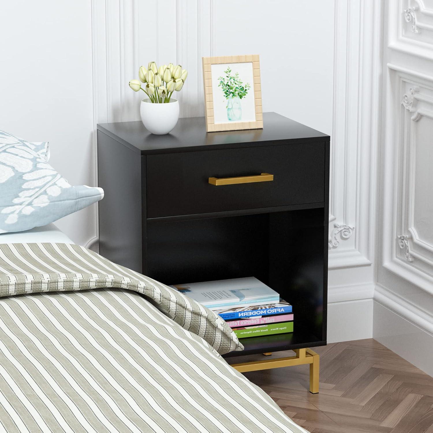 Black MDF Nightstand with Gold Metal Legs and Drawer