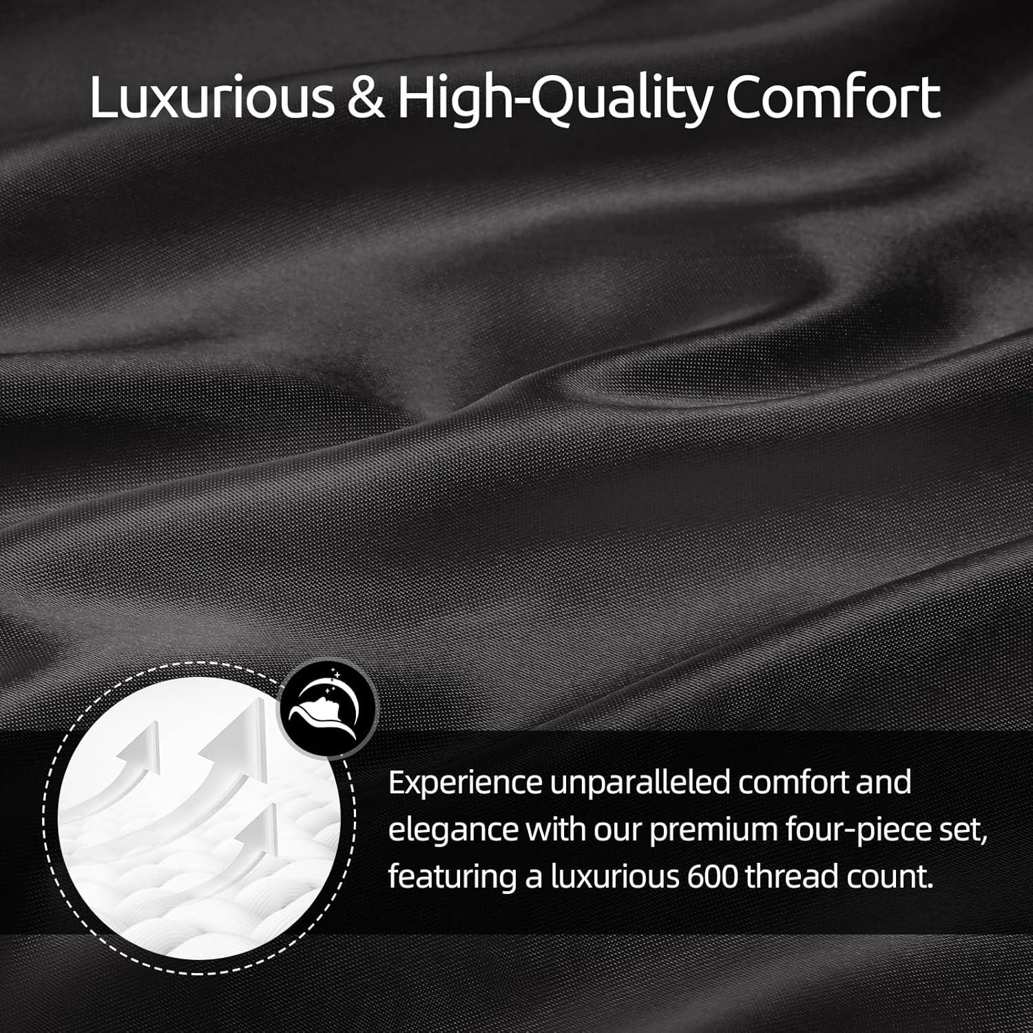 INKEDZ Satin Bed Sheets, Queen Size Sheets Set, 4 Pcs Silky Bedding Set with 15 Inches Deep Pocket for Mattress (Queen, Black)