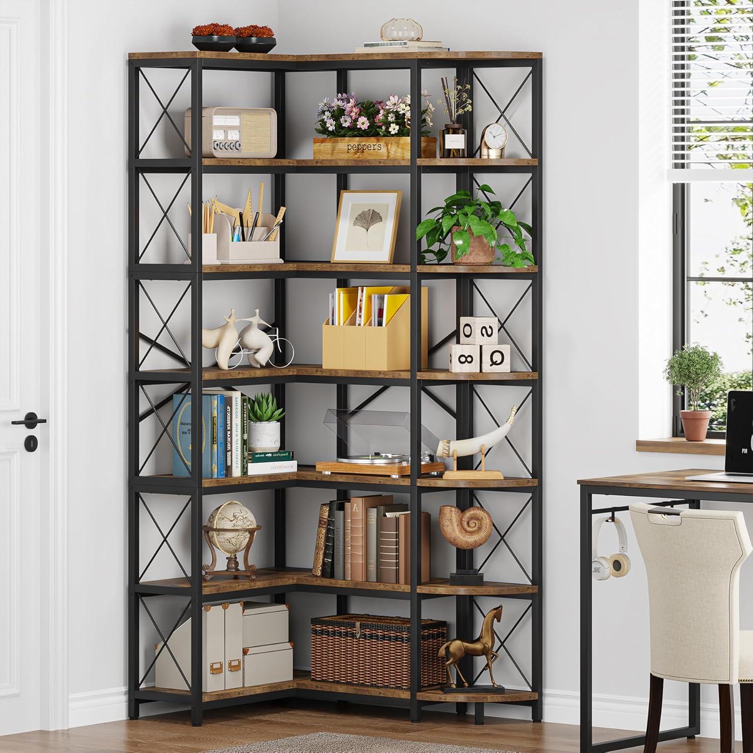 7-Shelf Reversible Corner Bookshelf, Modern Industrial Tall Bookcase, 7-Tier Large L-Shaped Storage Shelf Display Rack with Metal Frame for Living Room, Home Office, Bedroom, Rustic Brown