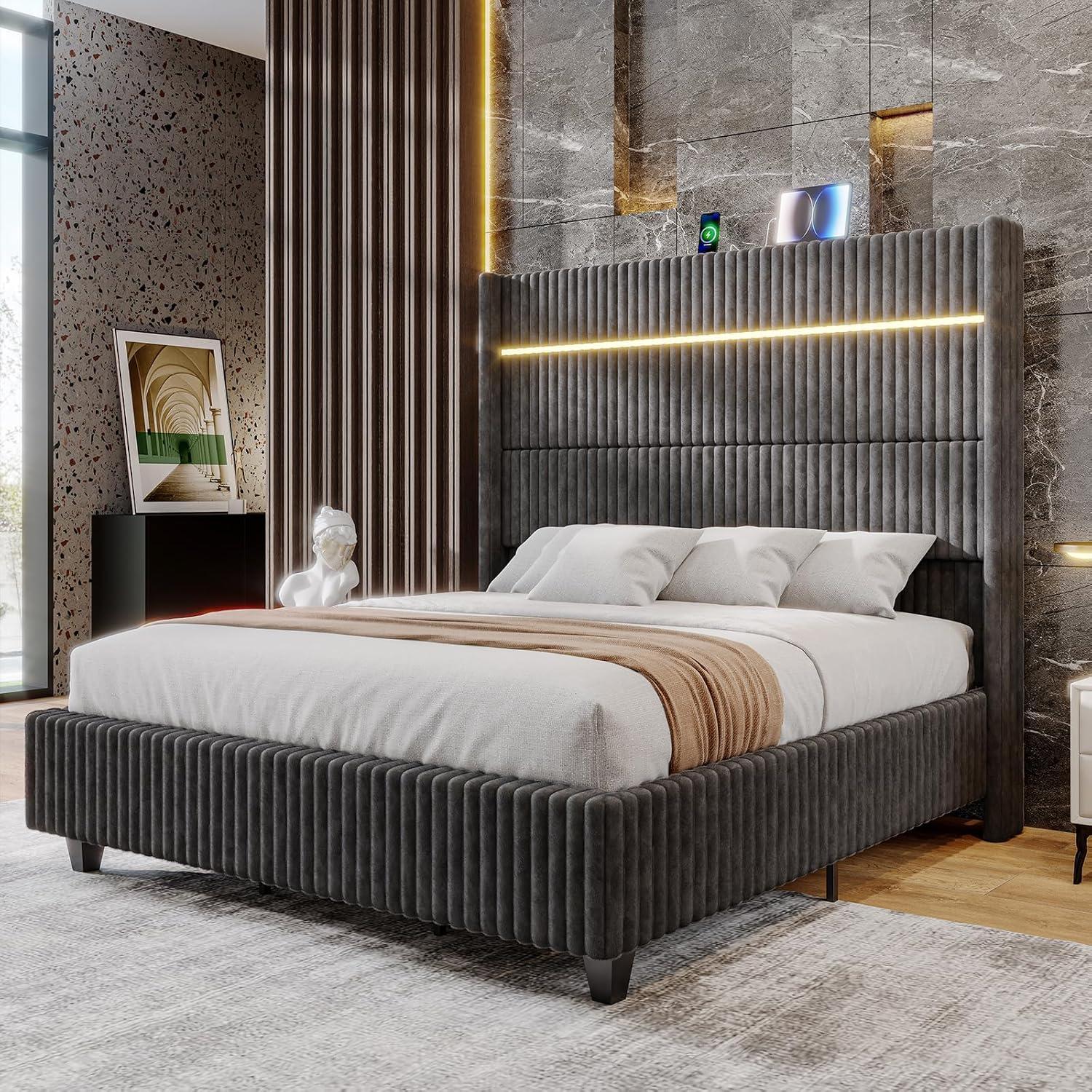 Ivy Bronx LED Bed Frame, Corduroy Upholstered Platform with 60" Tall Headboard & Charging Station