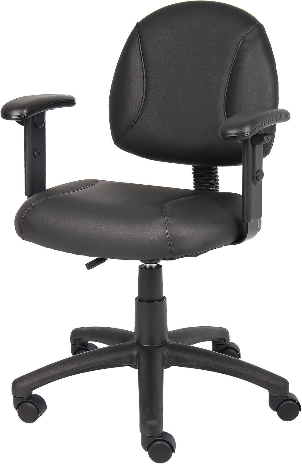 Posture Chair with Adjustable Arms Black - Boss Office Products: LeatherPlus, Lumbar Support, Swivel Base