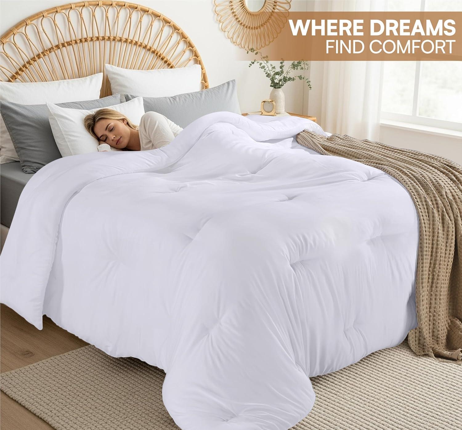 Comforter Full White All Season Down Alternative, Cooling Quilted Duvet Insert, Bed Comforter with Corner Tabs, Washable Hypoallergenic Reversible Quilt