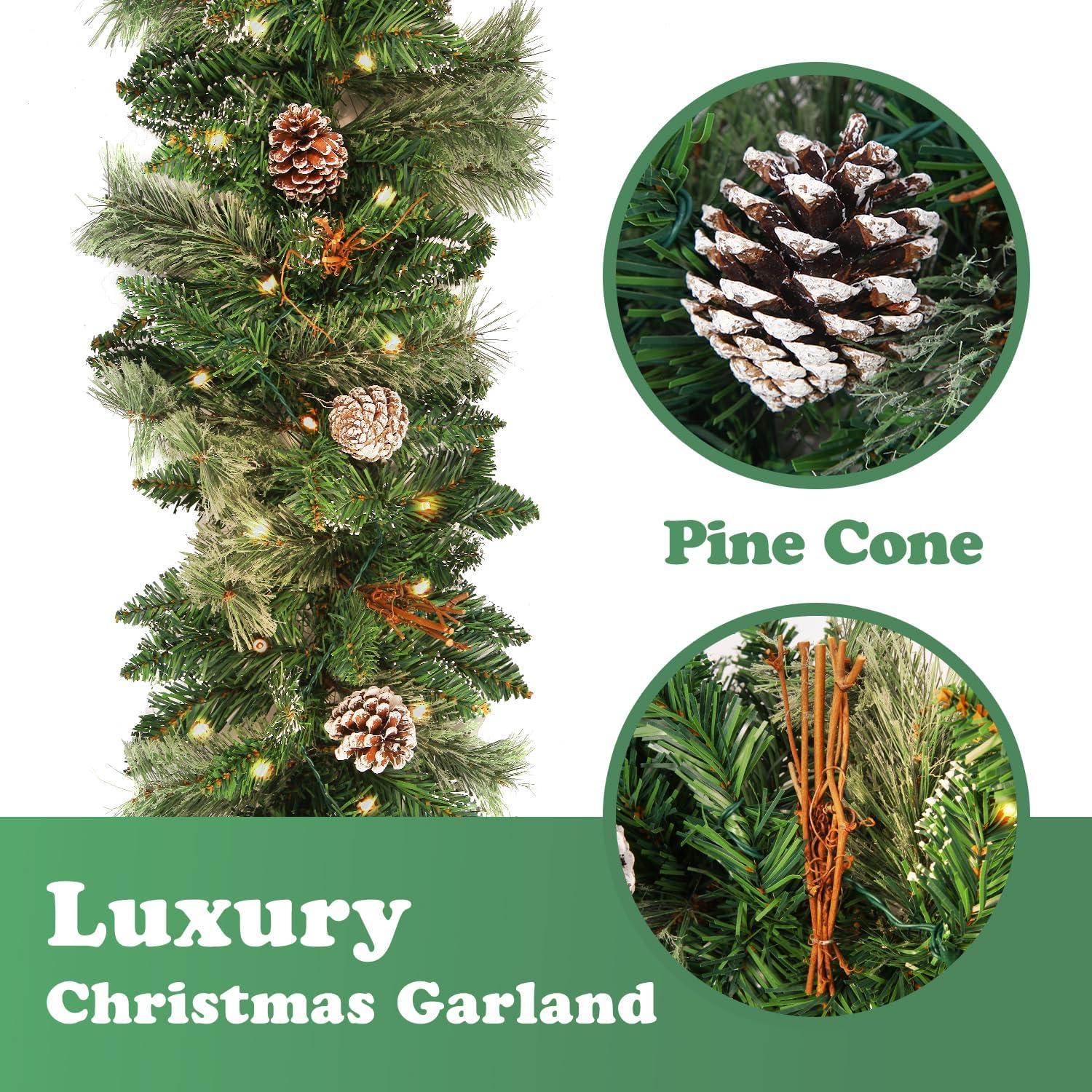 9-Foot Prelit Snowy Pine Garland with Pine Cones and LED Lights