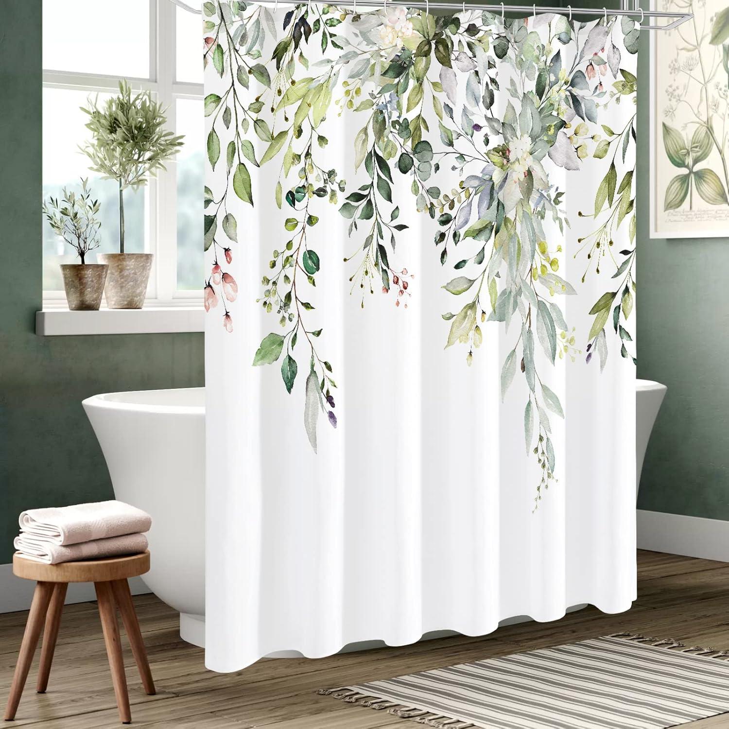 Eucalyptus Watercolor Leaves Semi-Sheer Waterproof Shower Curtain