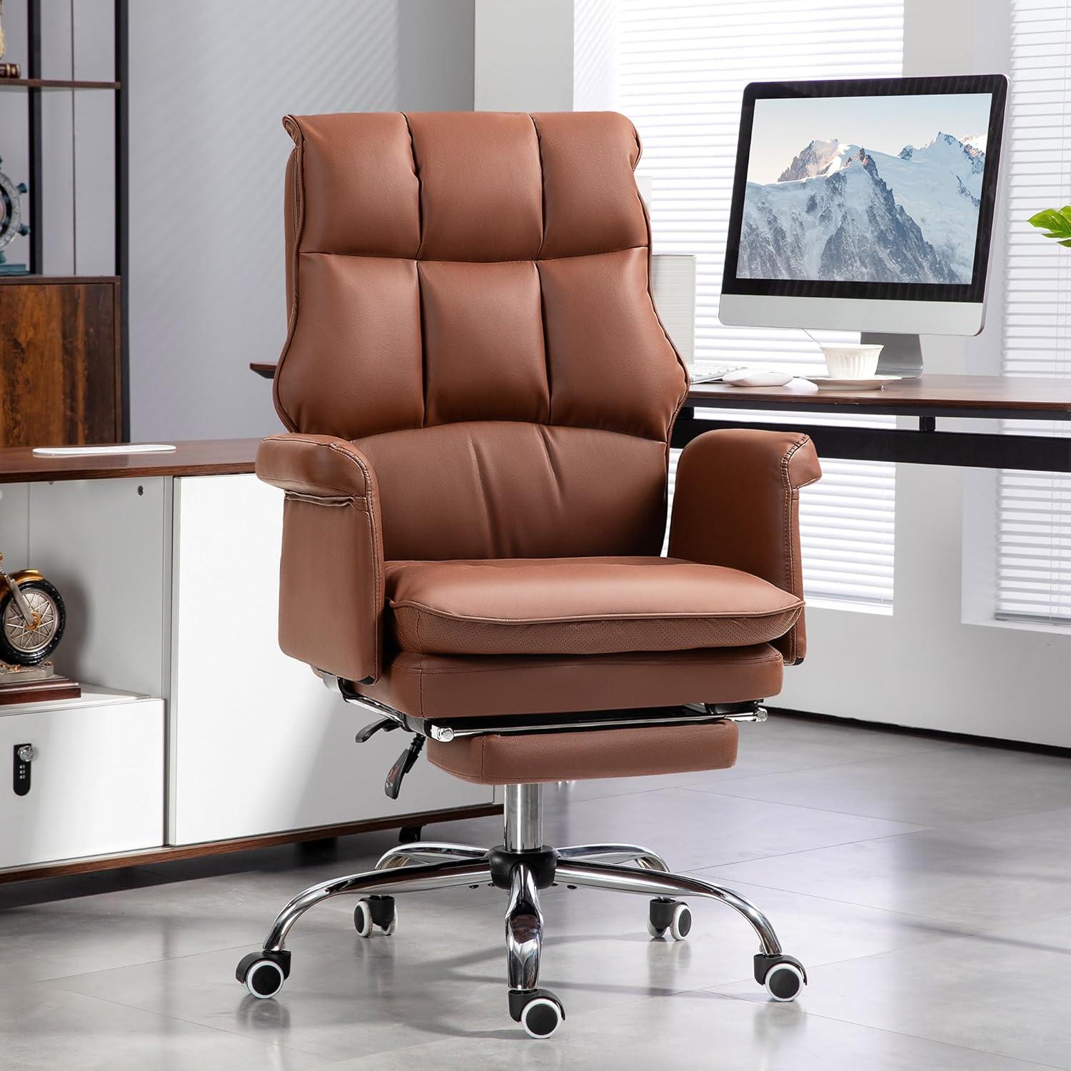 HOMCOM Executive Office Chair with Footrest, Ergonomic Office Chair, Reclining PU Leather Computer Chair, Brown