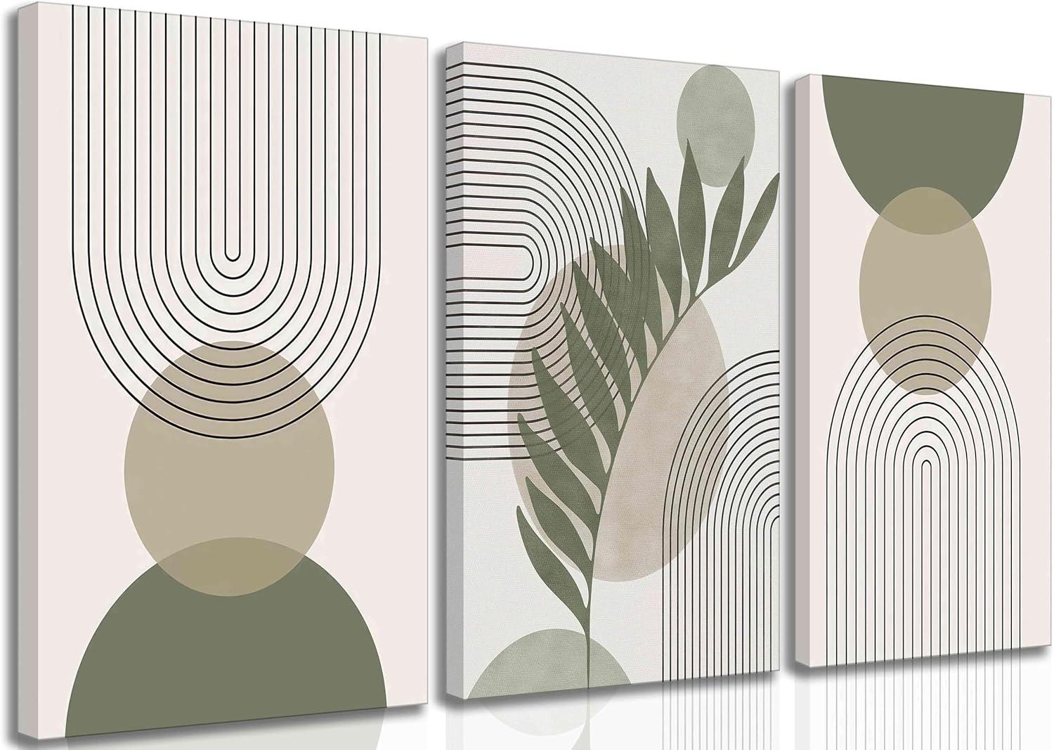 Framed Boho Wall Art, Abstract Sage Green Wall Decor Palm Leaf Sun Moon Line Green Canvas Painting, Minimalist Geometric Boho Room Decor, Sage Green Wall Posters & Prints for Living Room,