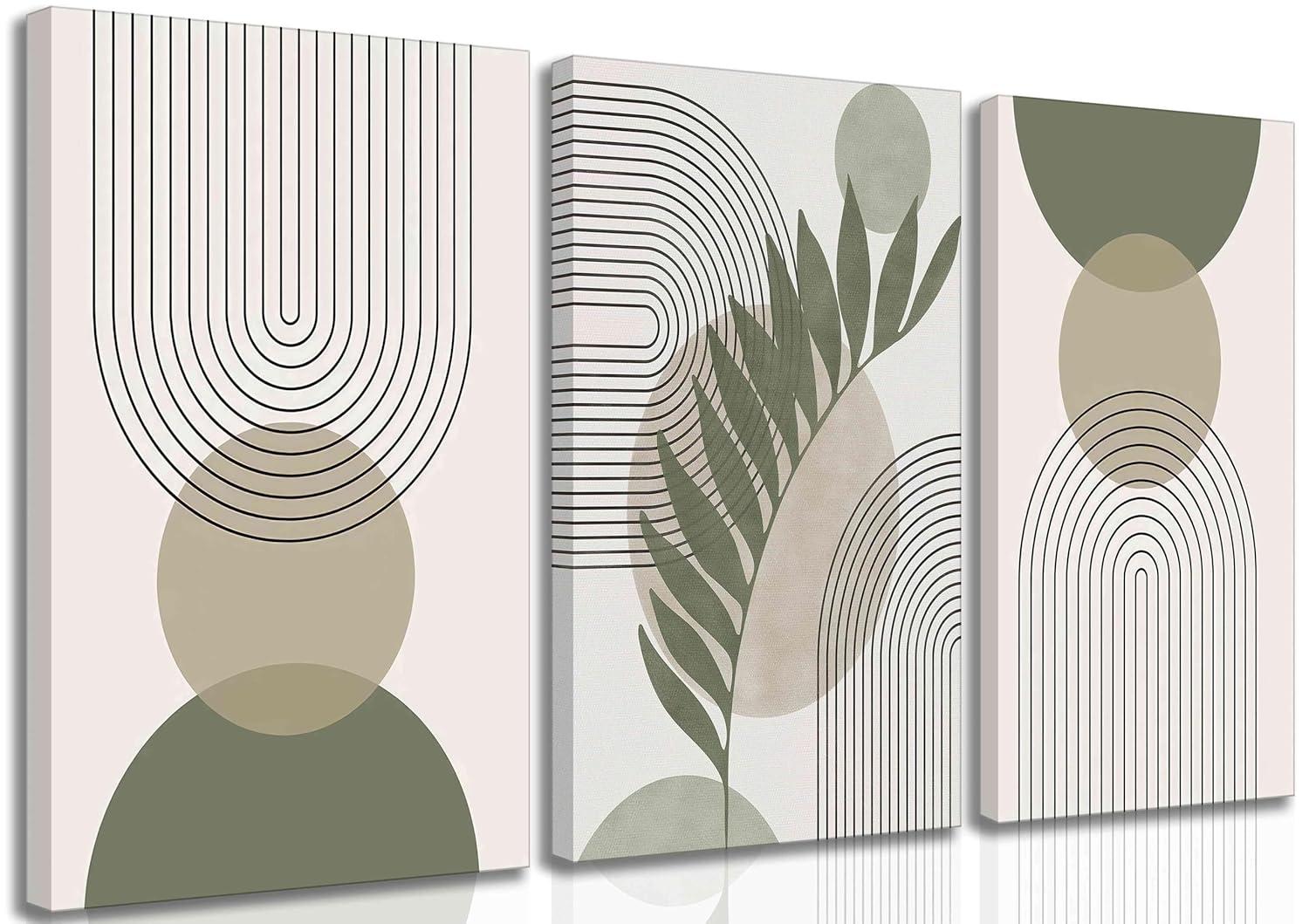 Boho Wall Art, Mid Century Modern Wall Art, Set of 3 Framed Canvas Wall Art Prints 12"x16" Abstract Geometric Neutral Sage Green Boho Artwork Wall Decor for Bedroom Living Room Bathroom