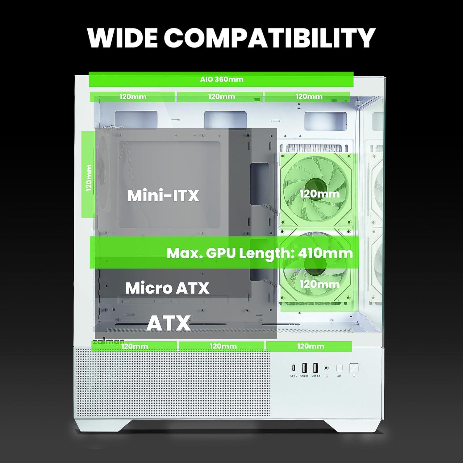 Zalman Chronix ATX Mid-Tower Gaming PC Case, Includes 3 x ARGB Fans, USB Type-C, 360mm Top & 240mm Side Radiator Support, Panoramic Tempered Glass, Cable Management, Desktop Computer Chassis, White