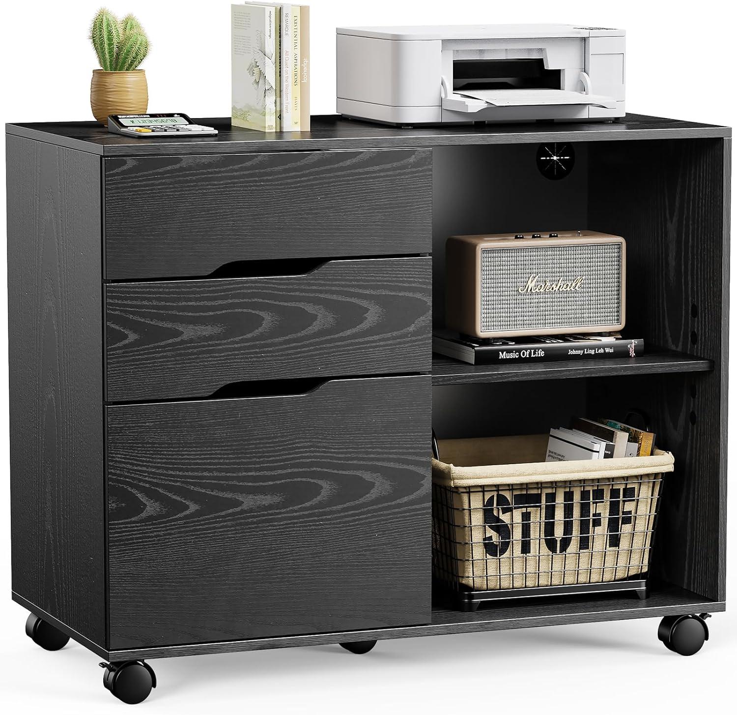 Black Wood 3-Drawer Mobile Filing Cabinet with Open Shelves