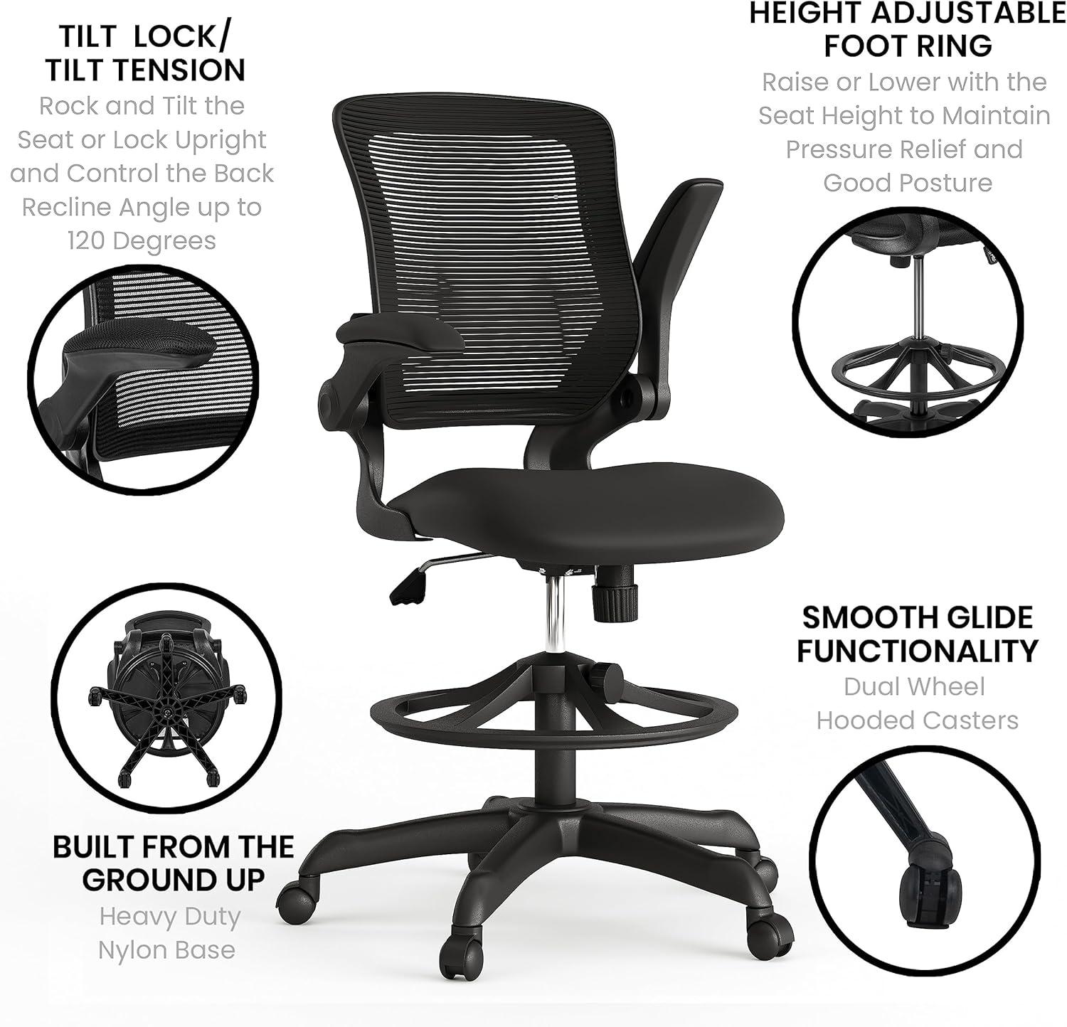 Flash Furniture Mid-Back Mesh Ergonomic Drafting Chair with Adjustable Foot Ring and Flip-Up Arms