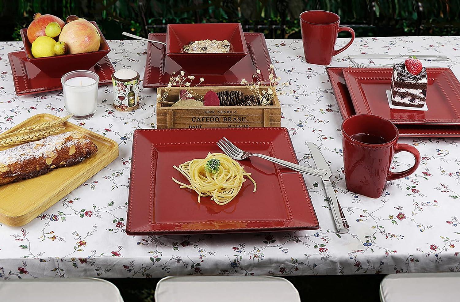 16 Piece Square Beaded Stoneware Dinnerware by Lorren Home Trends, Red