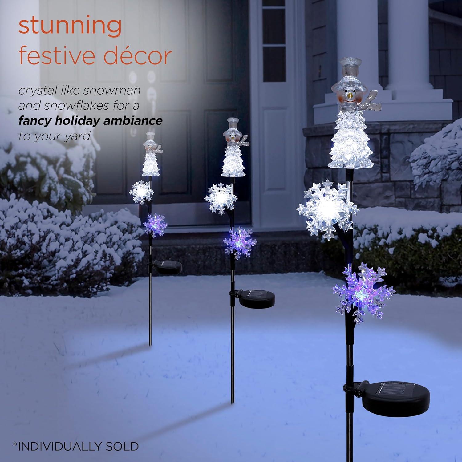 Solar Snowflake and Snowman LED Lawn Stake, 34-Inch, Multicolor Plastic