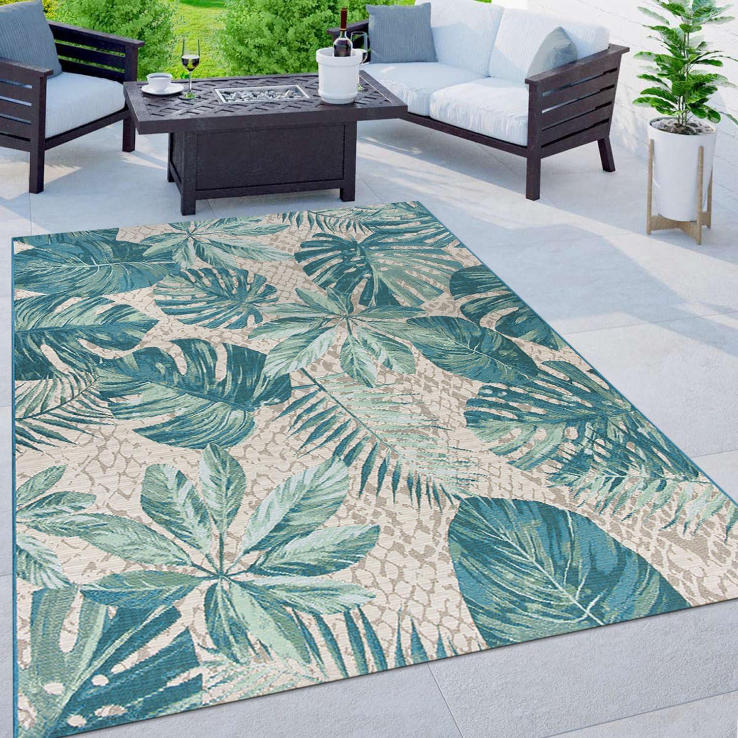 Blue Floral Synthetic Rectangular 5' x 7' Washable Rug