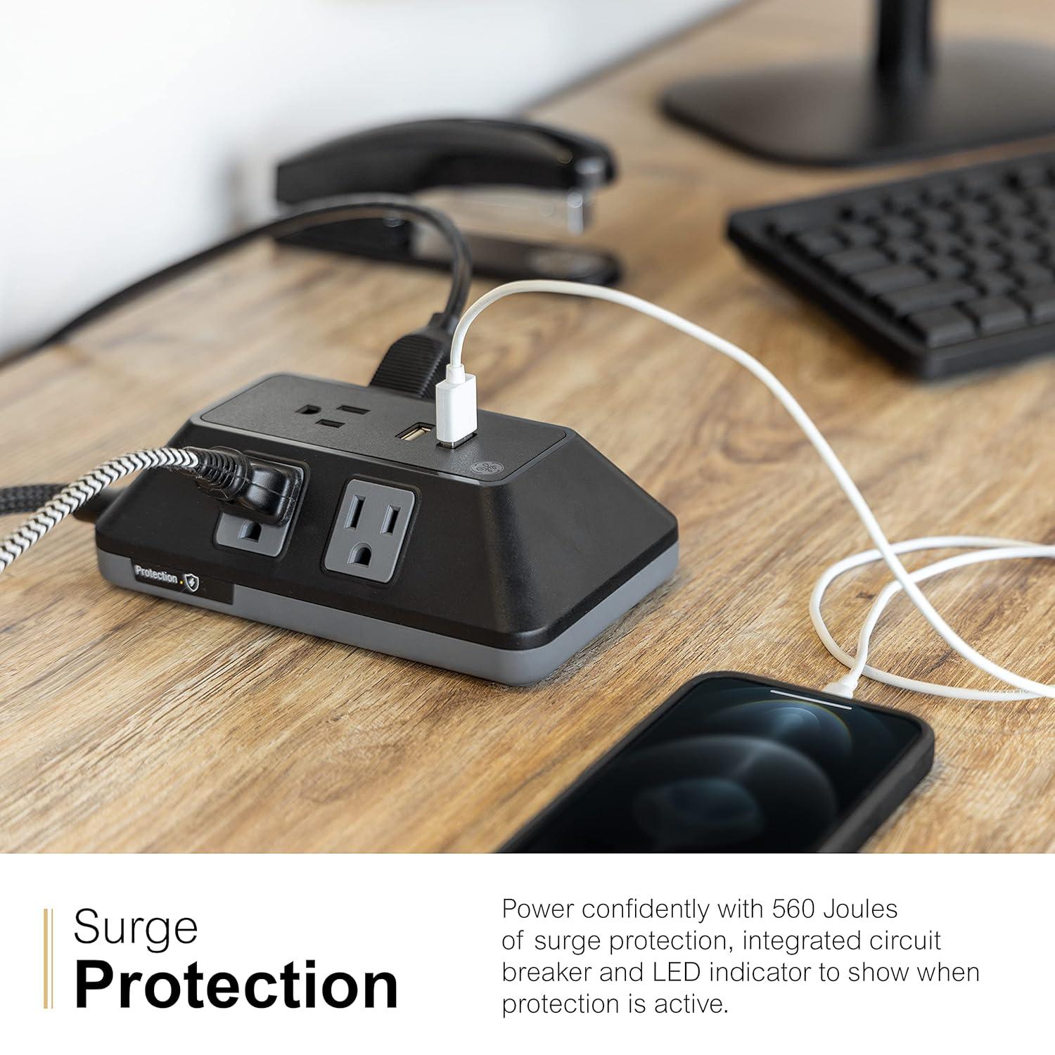 GE Adapt 5-Outlet Surge Protector Power Strip, USB Hub, 3ft Braided Cord, Black