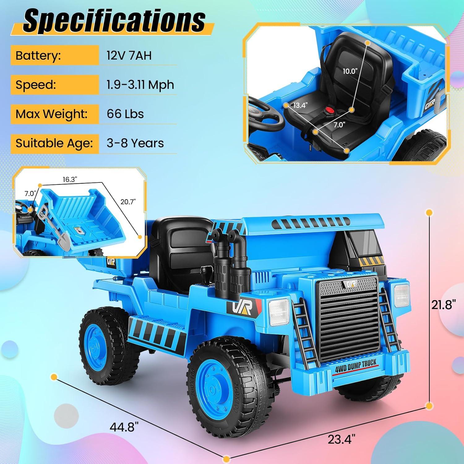 Blue 12V Electric Ride-On Dump Truck with Remote Control