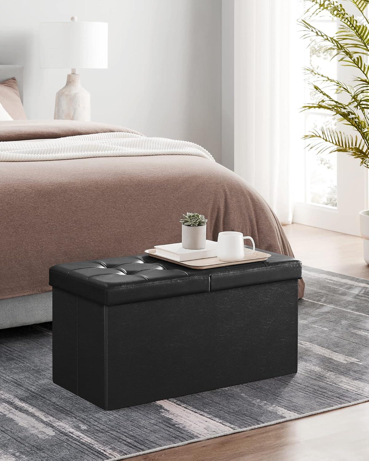 SONGMICS 43" Folding Storage Ottoman Bench Leather Ottoman Storage Footrest Hold up to 660lb Black