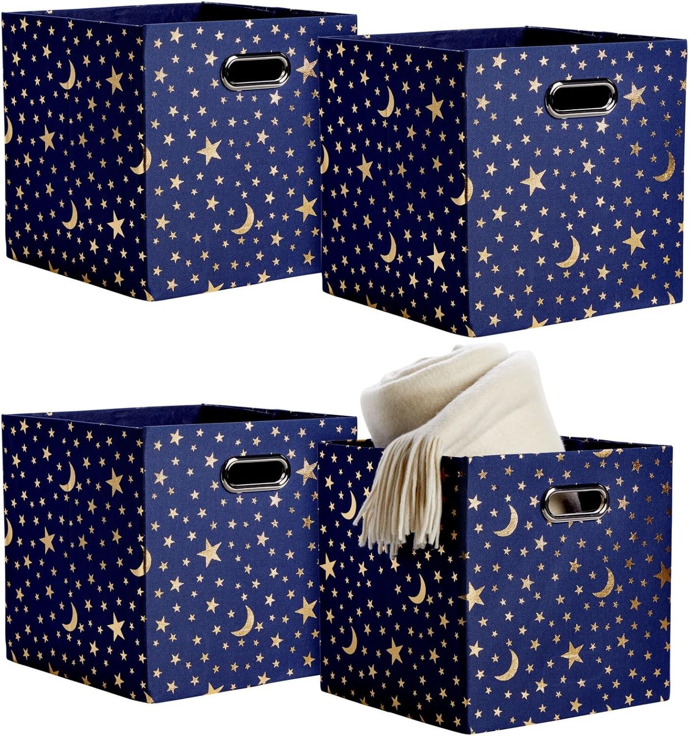 Okuna Outpost 4 Pack Star Storage Cubes, Collapsible Foldable Fabric Organizer Baskets for Clothes, Toys, Gold Moons and Stars, 11 In