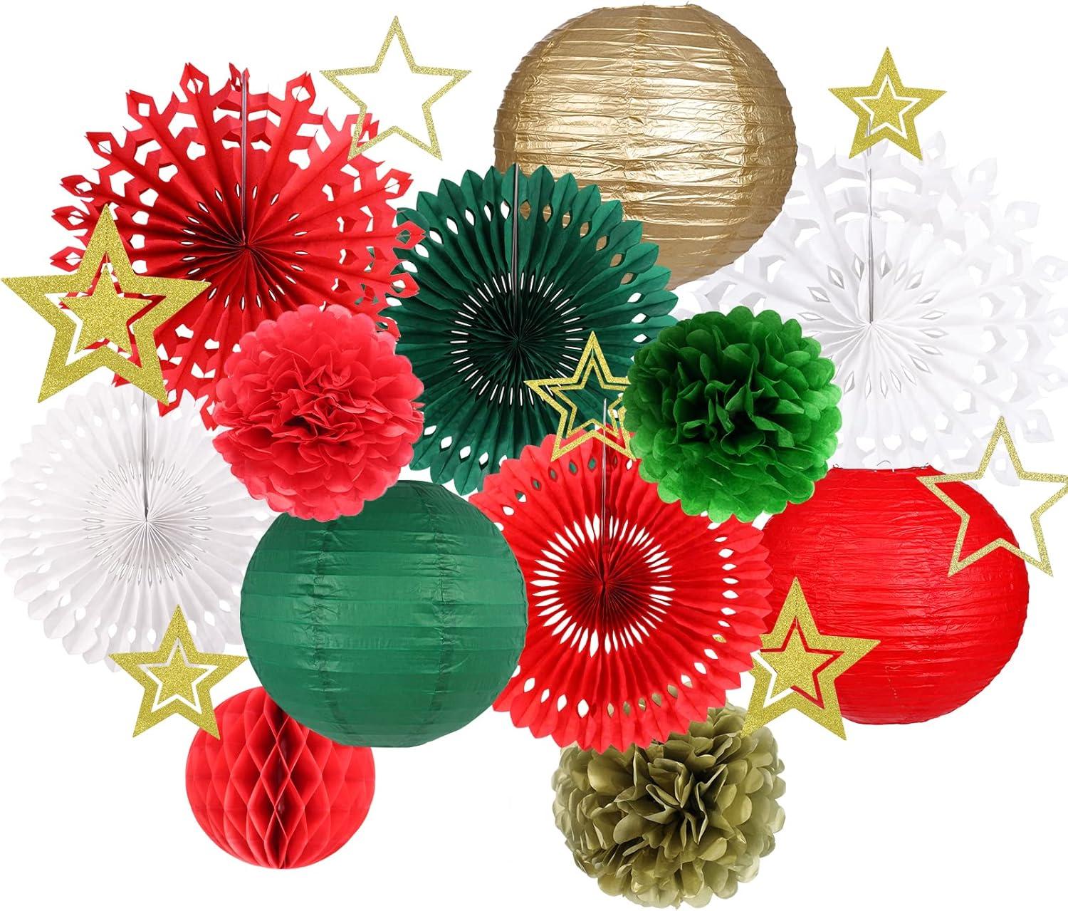 Christmas Party Decorations, Christmas Paper Lanterns Gold Star Pendant Hanging Snowflakes Paper Fan Pom Poms Flowers Honeycomb Ball for Xmas Party Eve Holiday Home Decor