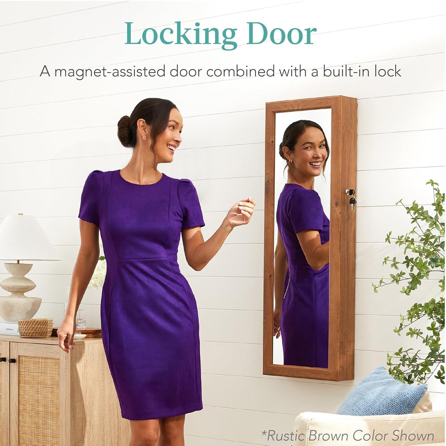 Best Choice Products Hanging Mirror Jewelry Armoire, Door or Wall Mounted Cabinet w/ LED Lights, Lock - Black