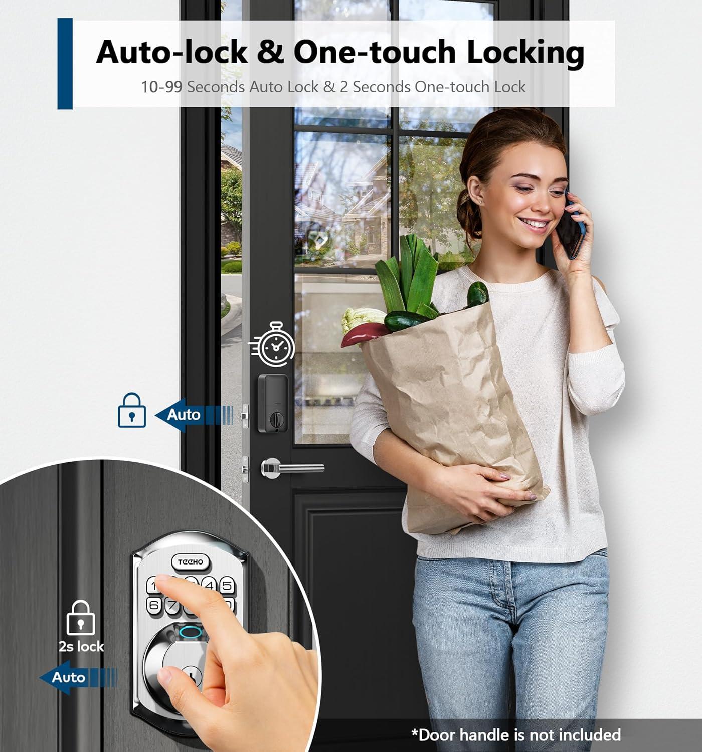 TEEHO Fingerpint Keyless Entry Keypad, Smart Digital Deadbolt Door Lock for Front Door, Remotely Share Temporary PIN Code, Easy Installation-Satin Nickel