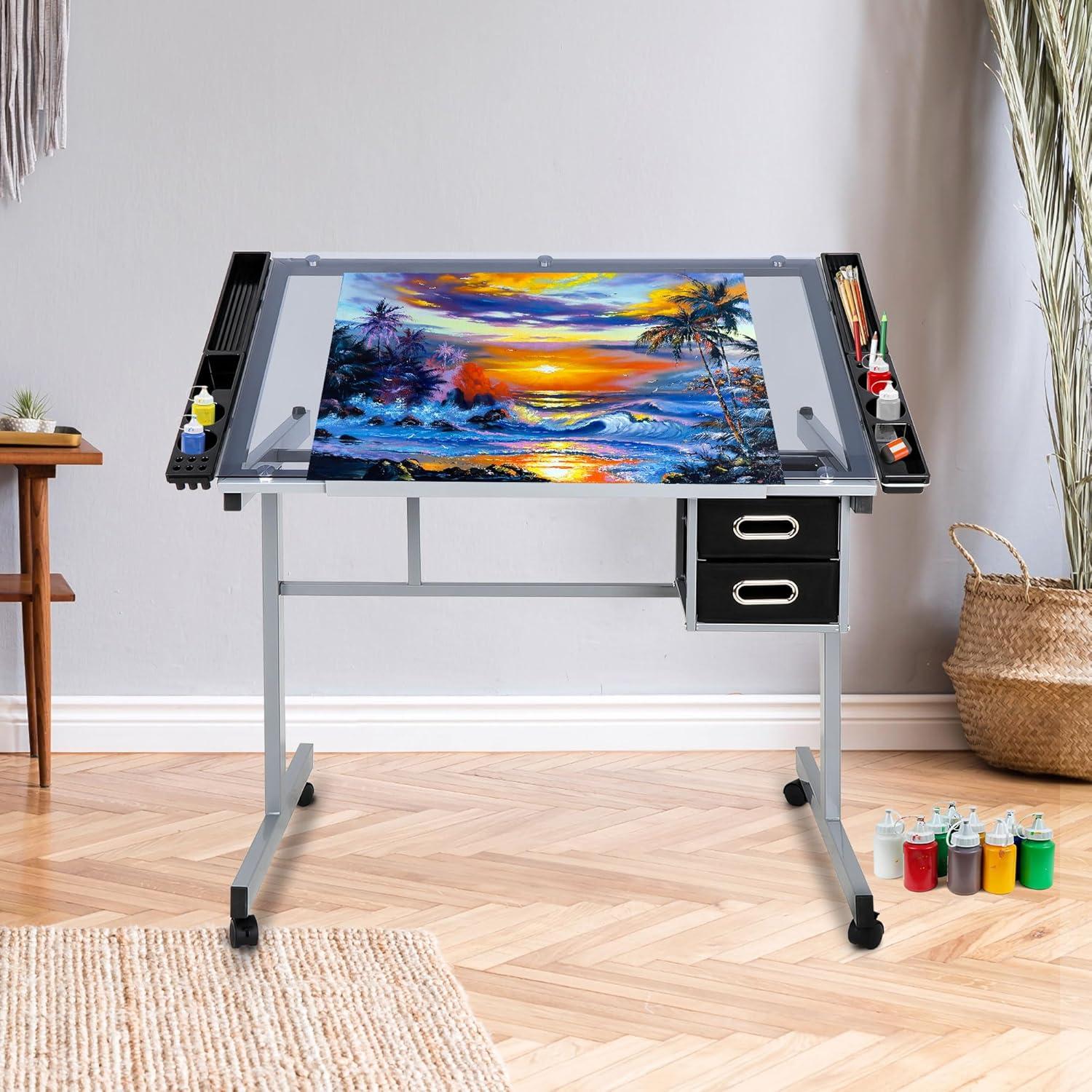 Adjustable Drafting Table Drawing Desk Craft Station Drafting Desk Glass Top w/2 Slide Drawers and Wheels for Drawing, Writing, Painting Home Office