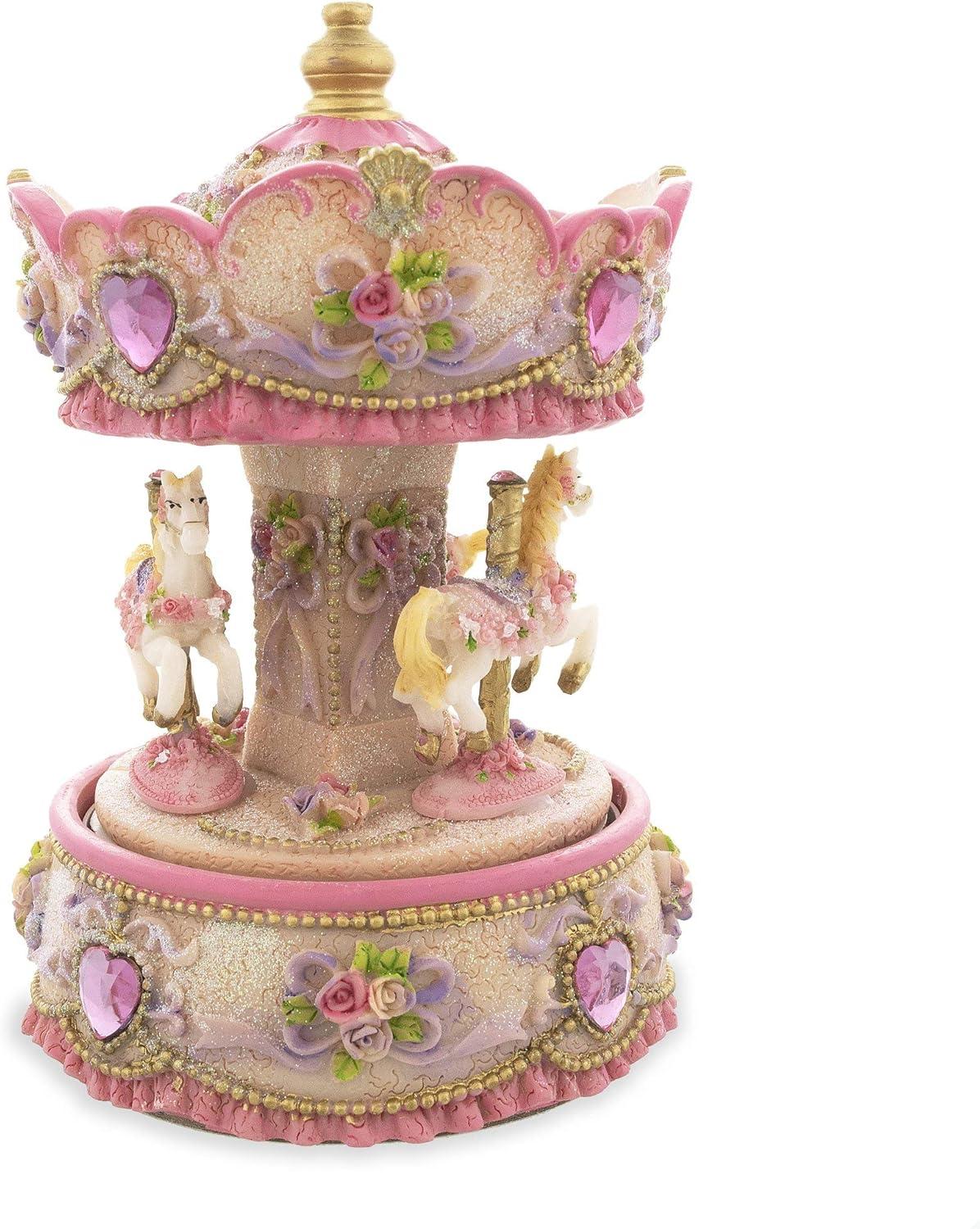 Floral Three Horses Carousel Spinning Musical Figurine