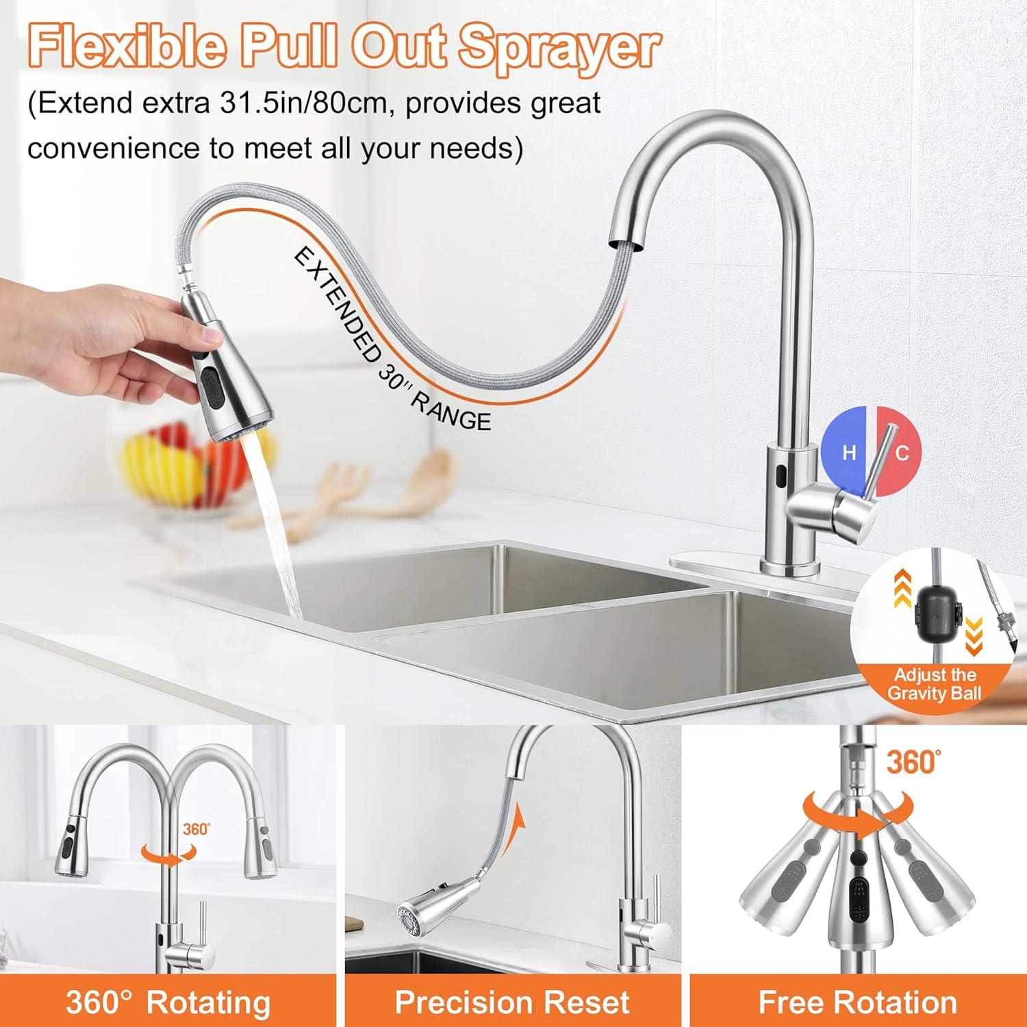 Automatic Smart Mobile Motion Sensor Kitchen Sink Faucet with 3 Modes Pull-Down Sprayer