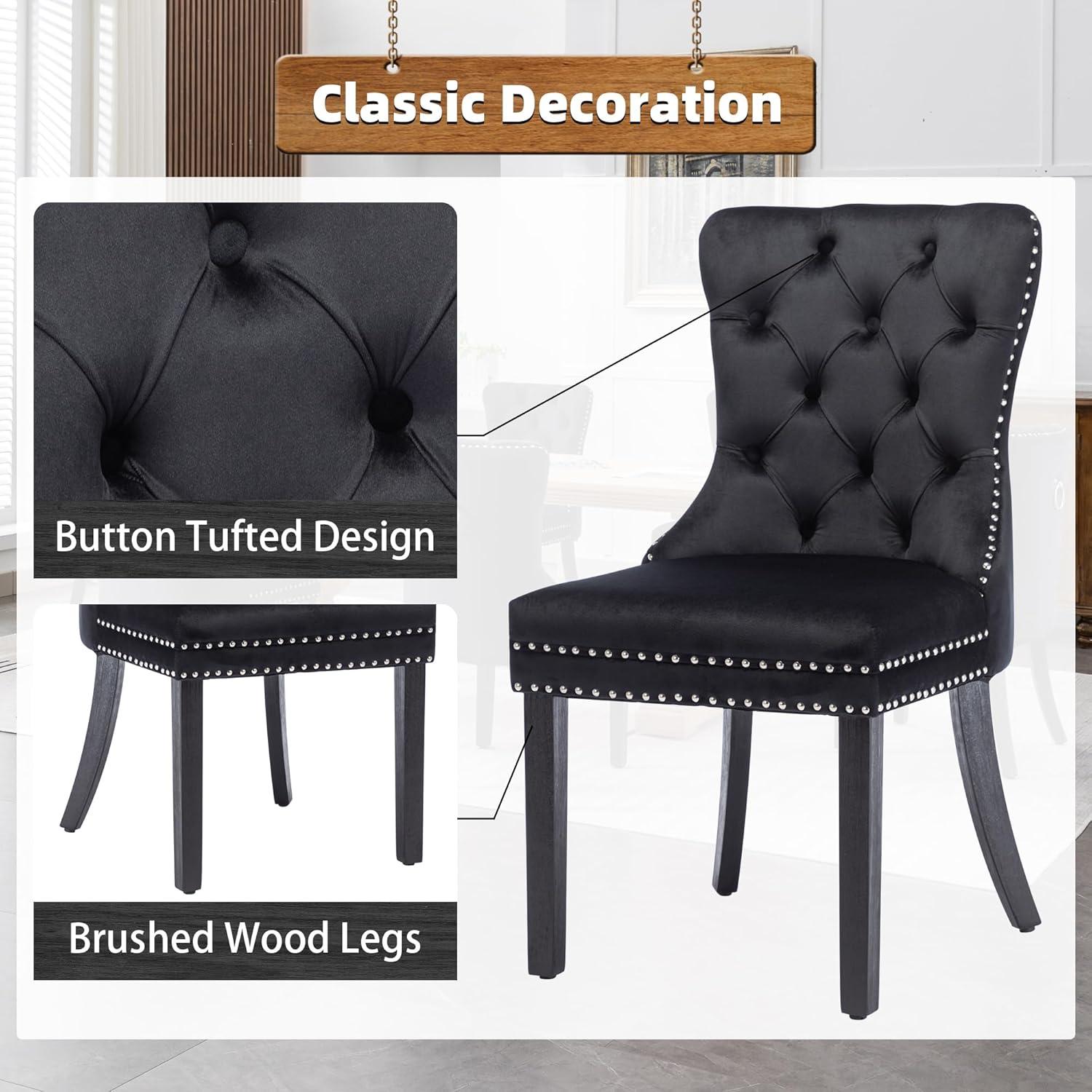 SYNGAR Velvet Dining Chairs Set of 2, Upholstered Wing Back Dining Chair with Handcrafted Button Tufted, Nailhead Trim, Accent Chairs for Dining Room Kitchen, Solid Wood Dining Set, 2 Piece, Black