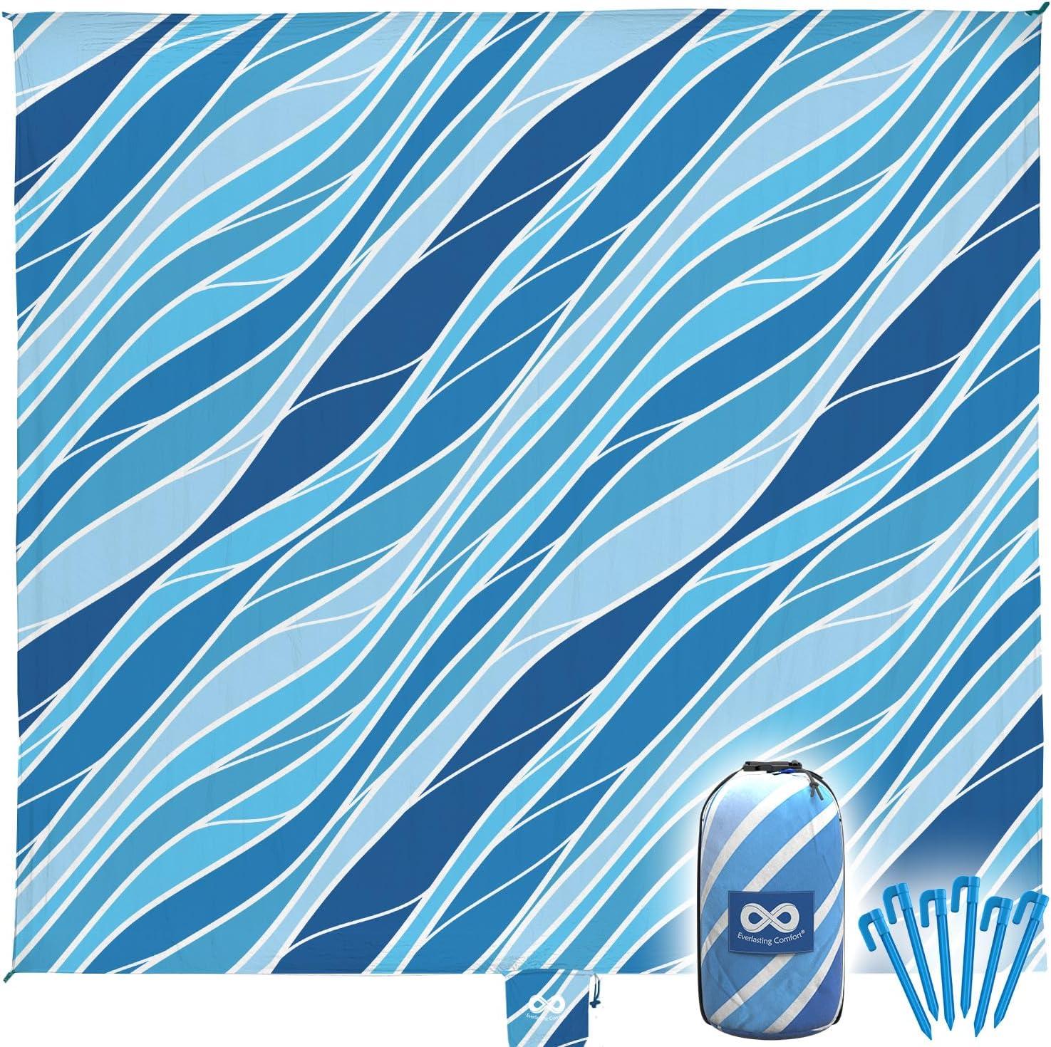 Everlasting Comfort 6-Person Beach Blanket, Oversized Extra Large Beach Mat, Tulum Blue