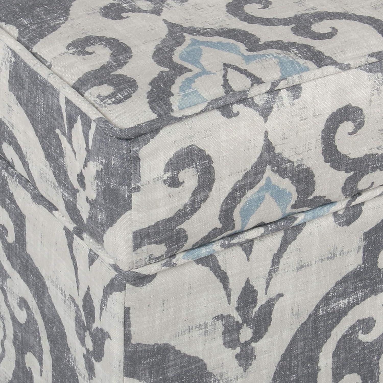 Medium Storage Ottoman Gray/Blue - HomePop: Upholstered Rectangular Footstool with Damask Pattern, Plywood & Hardwood Frame