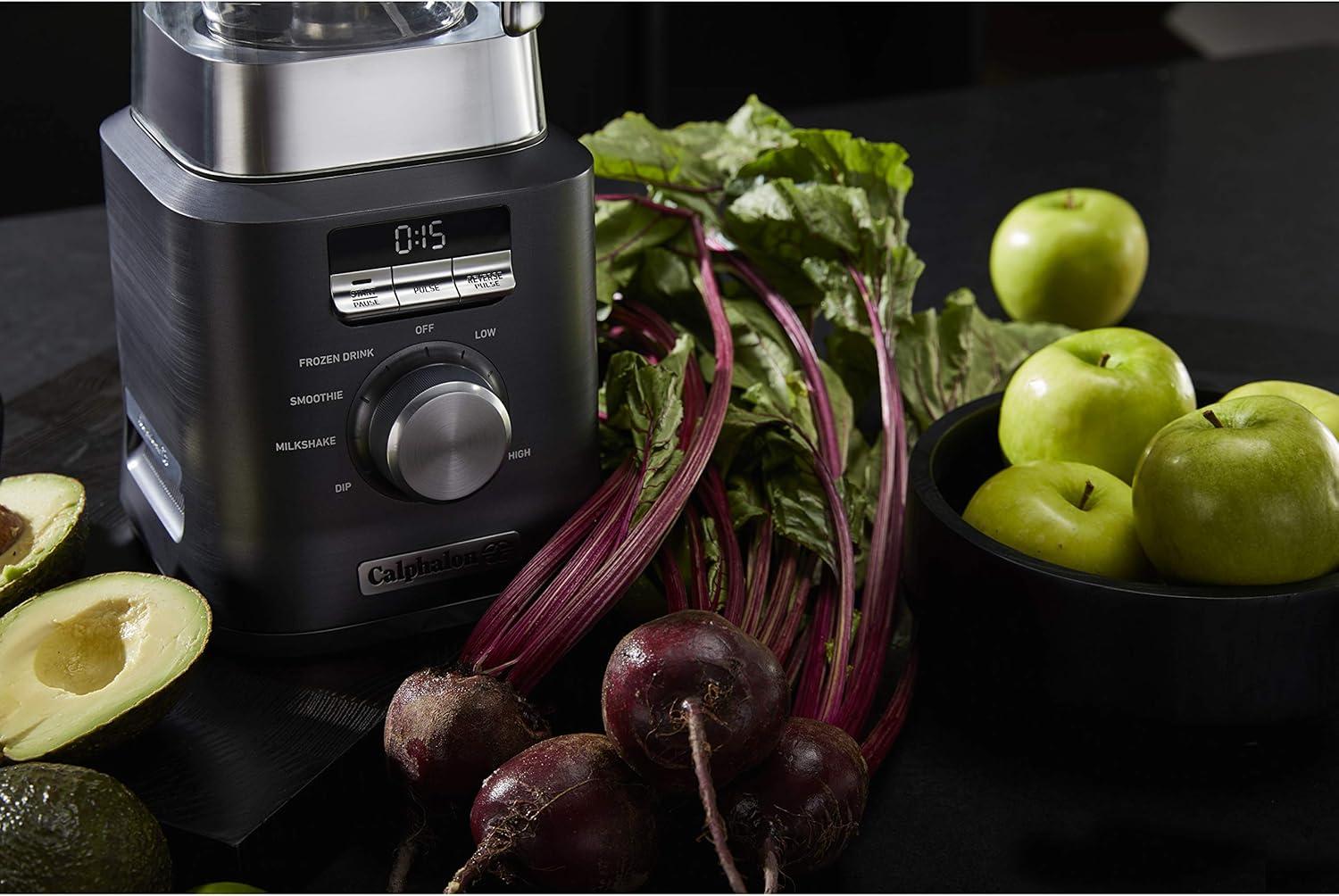 Calphalon Auto-Speed 2-Liter Blender with Blend-N-Go Smoothie Cup, Dark Stainless Steel