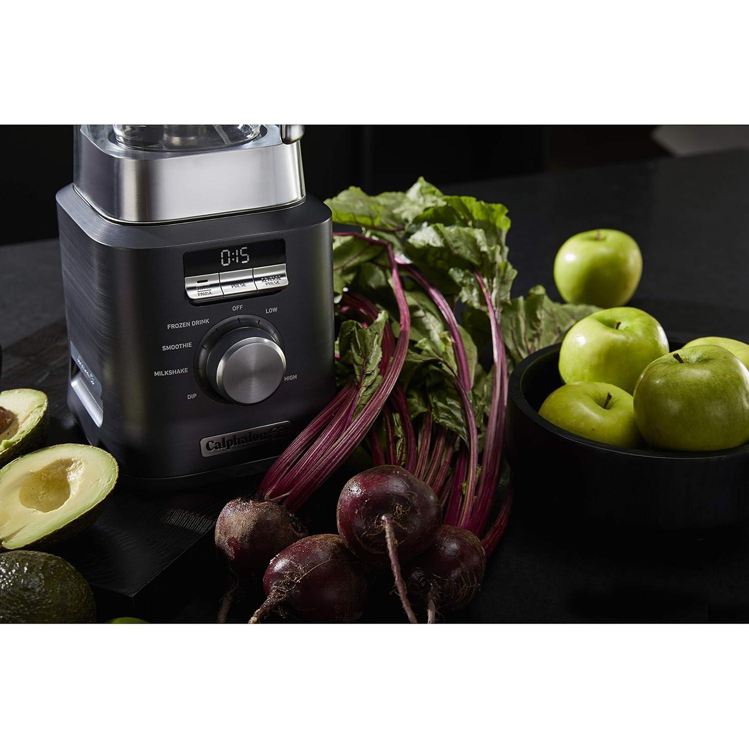 Calphalon Auto-Speed 2-Liter Blender with Blend-N-Go Smoothie Cup, Dark Stainless Steel