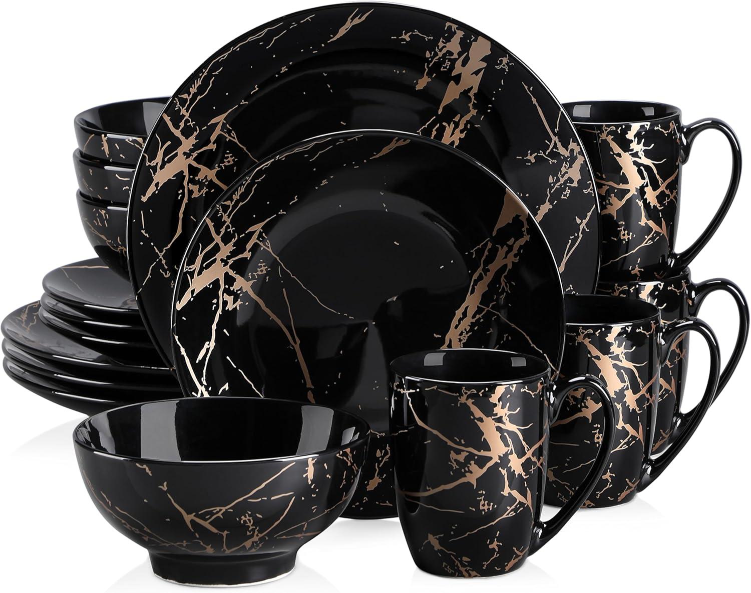 Black and Gold Splash Porcelain 16-Piece Dinnerware Set