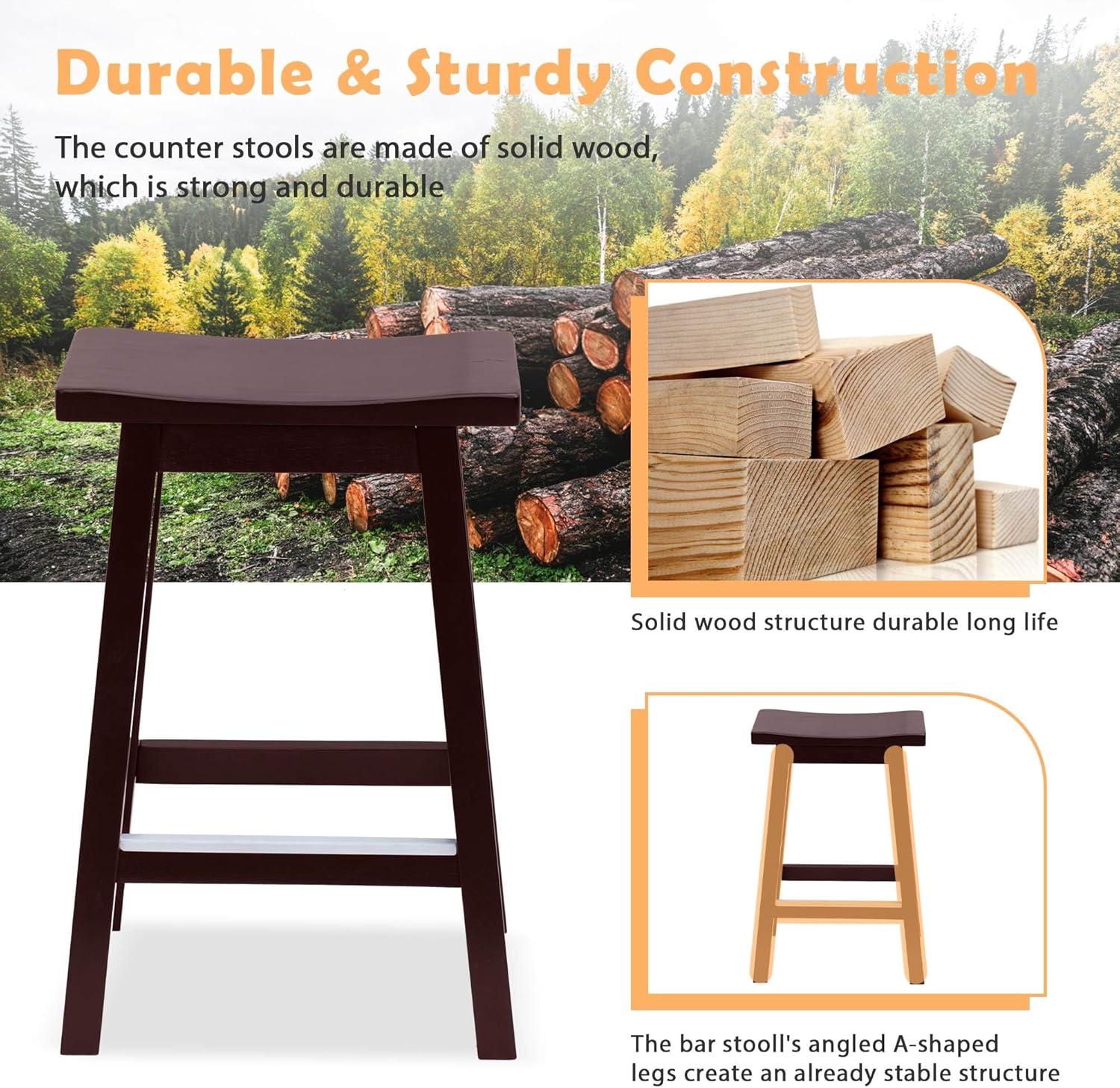 QuellQuest Bar Stools Set of 2 for Kitchen Counter Solid Wooden Saddle Stools 24-Inch/30-Inch Height (Brown, 24 in)