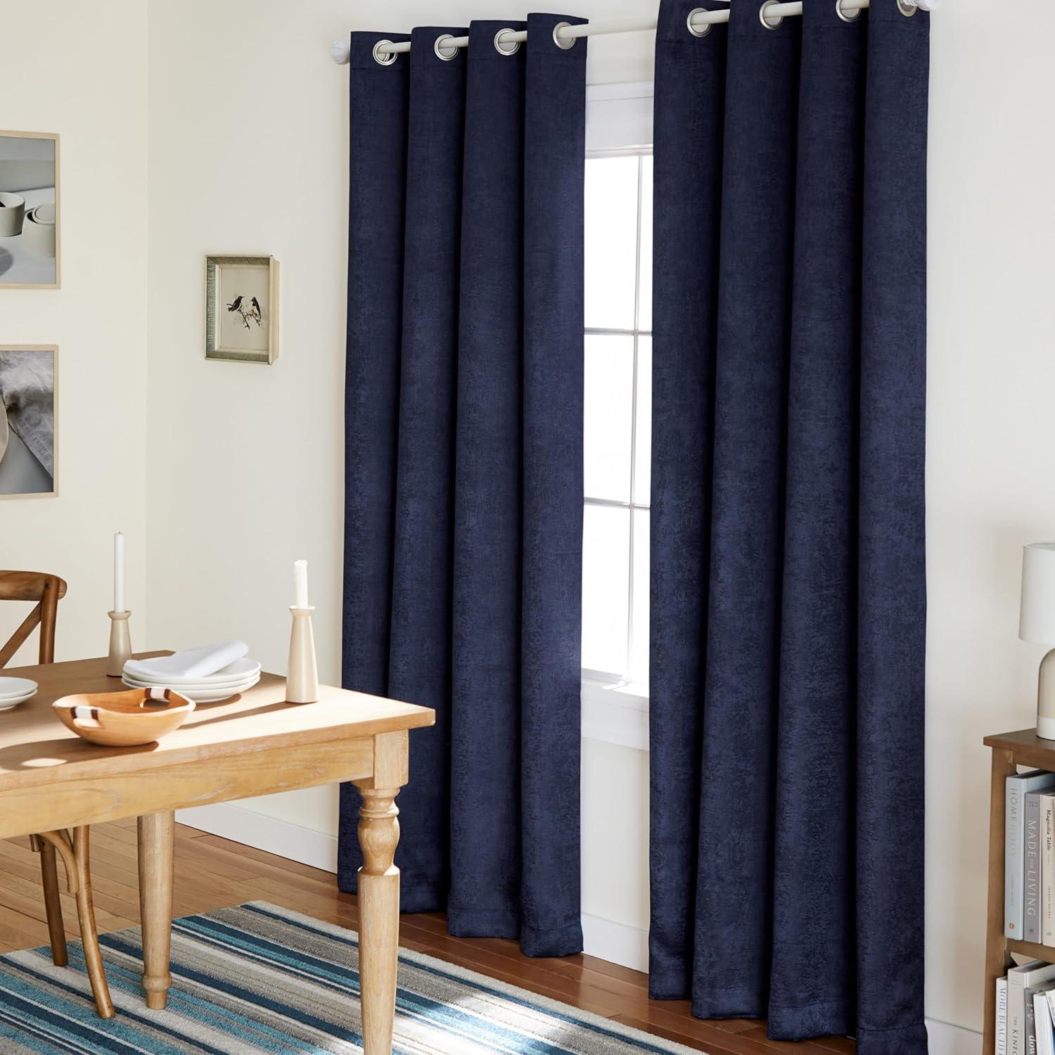 Set of 2 96"x52" Oxford Textured Sateen Thermal Grommet Top Window Curtain Panel Navy - Exclusive Home: Room Darkening, Living Room