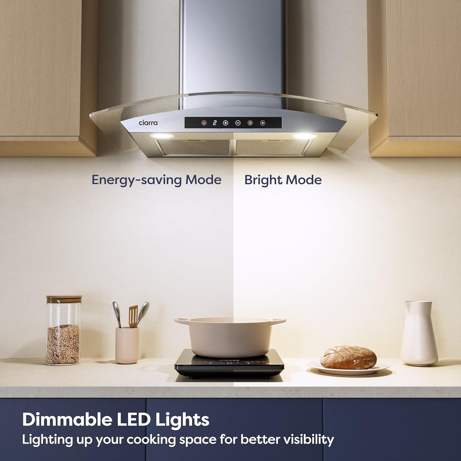 CIARRA Wall Mount Range Hood 30 inch with Tempered Glass 450 CFM Kitchen Vent Hood Ductless Ducted Convertible CAS50275