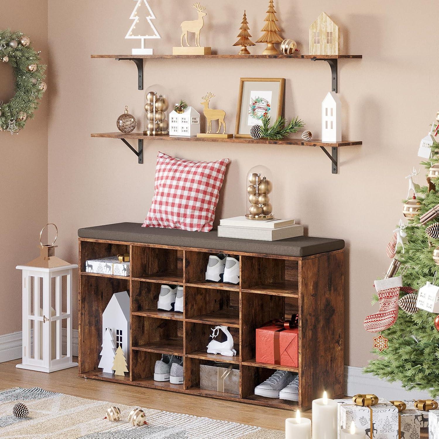 Rustic Brown Particle Board Shoe Storage Bench with Cushion