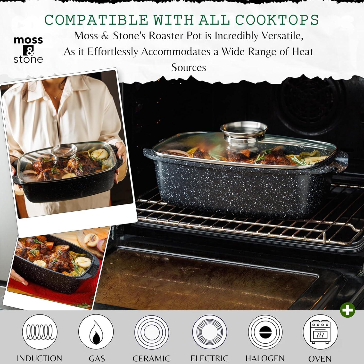 Moss & Stone 6 Qt Induction Compatible Aluminum Roaster Pot with Glass Lid
