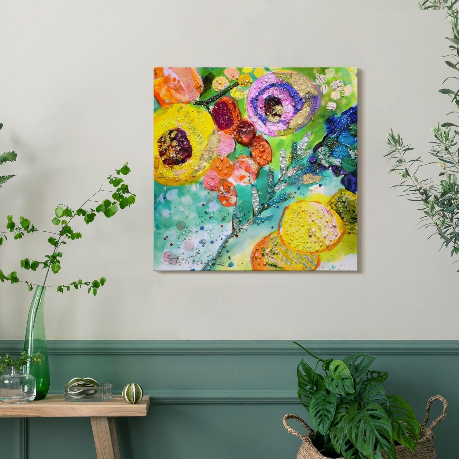 "Floral Radiance II" Crystallus Epoxy Coated Wrapped Glossy Canvas Wall Art with Heavy Acrylic Crystal Shards Embellishments