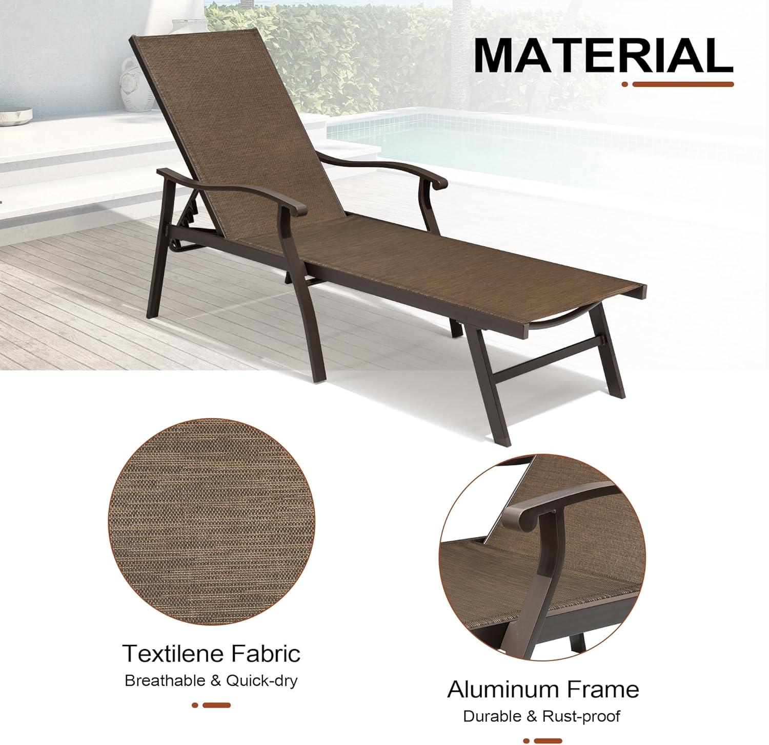 Outdoor Aluminum Adjustable Chaise Lounge Chair with Arms - Brown - Crestlive Products: Patio Furniture, Weather-Resistant