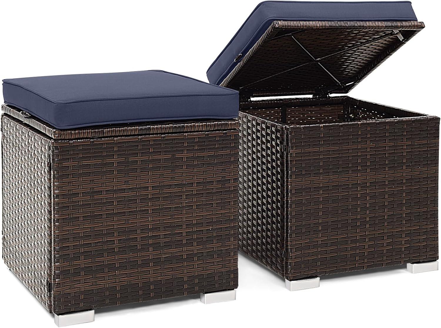 Navy Cushioned PE Rattan Storage Ottomans Set