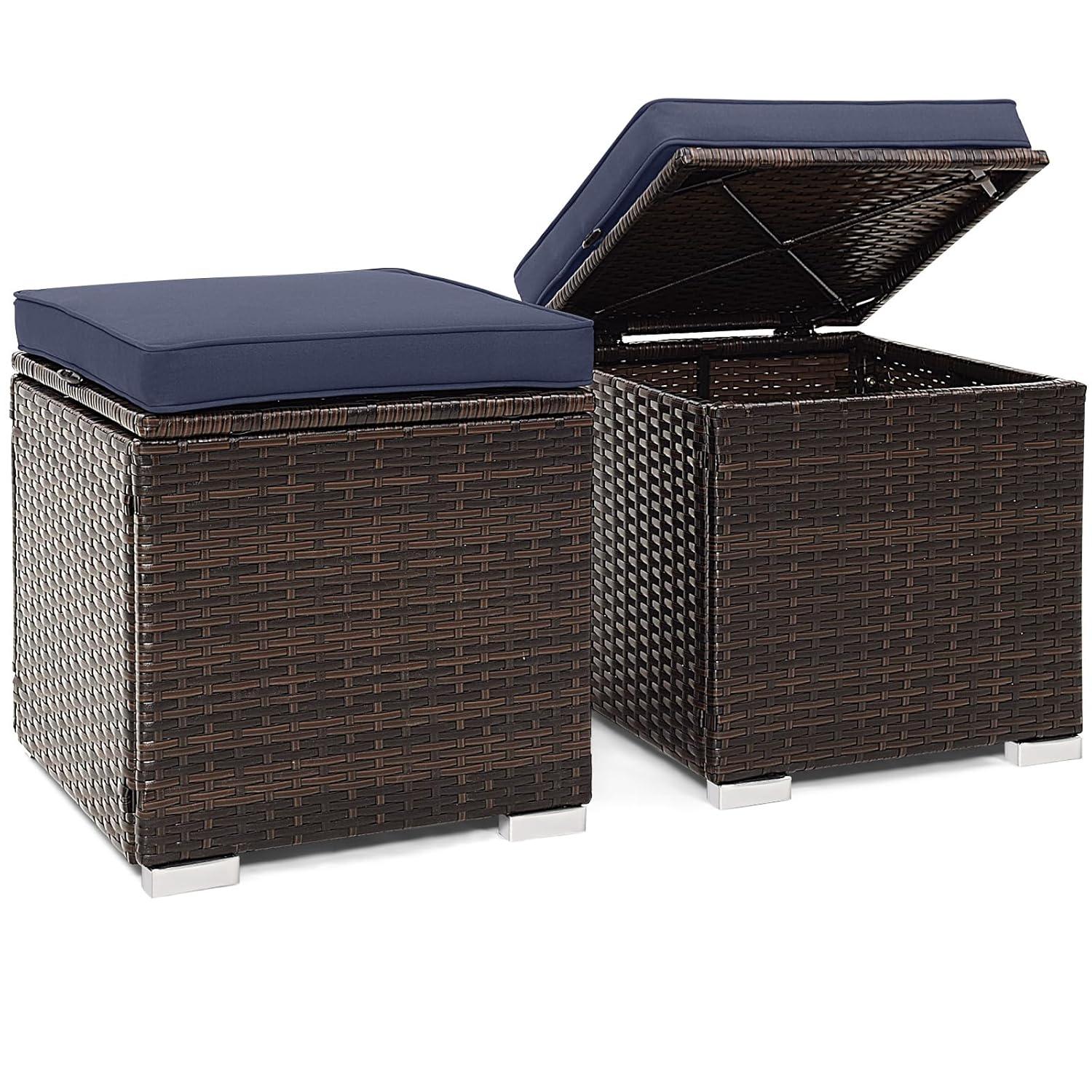 Navy Cushioned PE Rattan Storage Ottomans Set