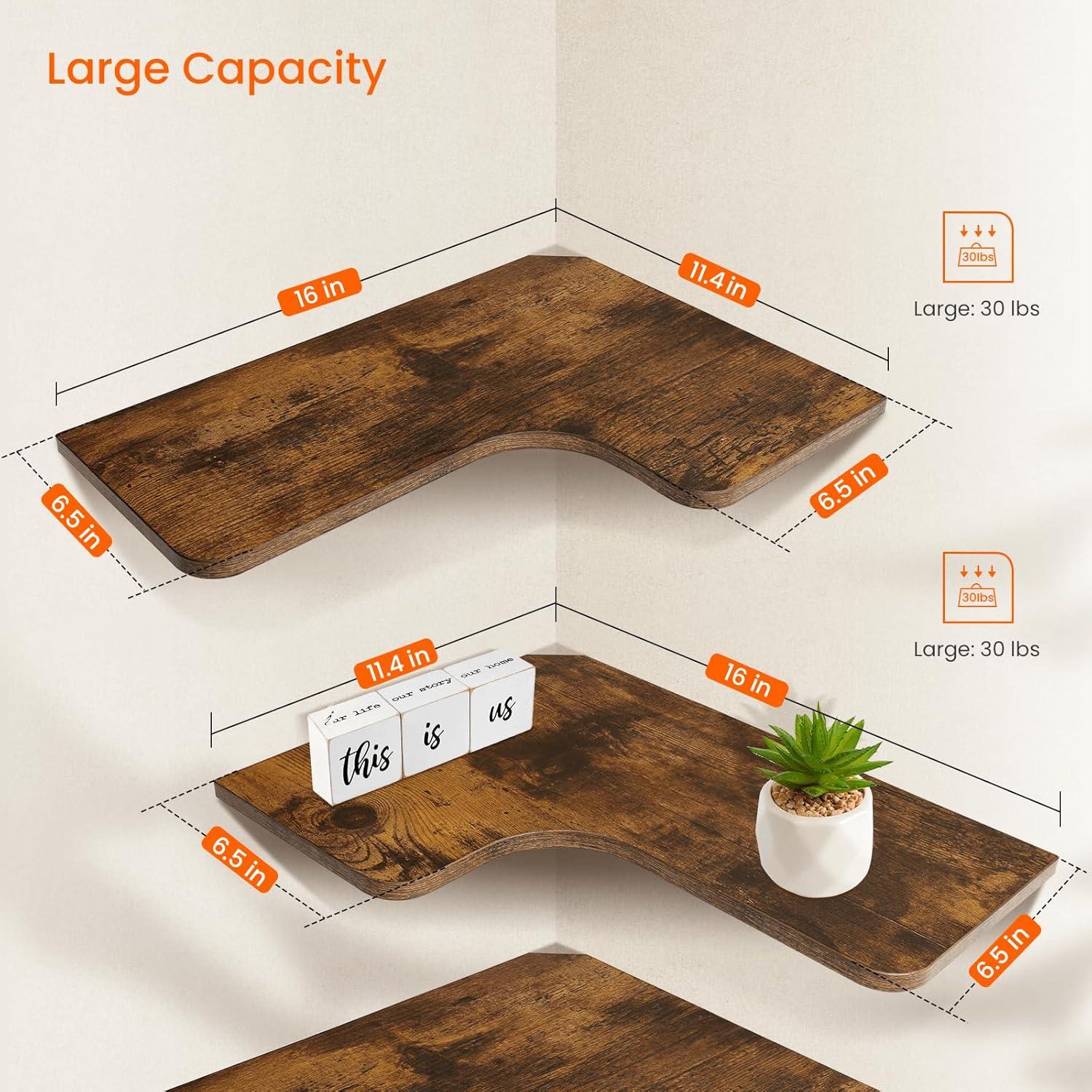 Homode Corner Floating Shelves, Corner Shelves Wall Mounted with Cord Hole, Set of 3 L Shape Wood Wall Storage Shelves for Living Room Bedroom Bathroom Kitchen, Rustic Brown